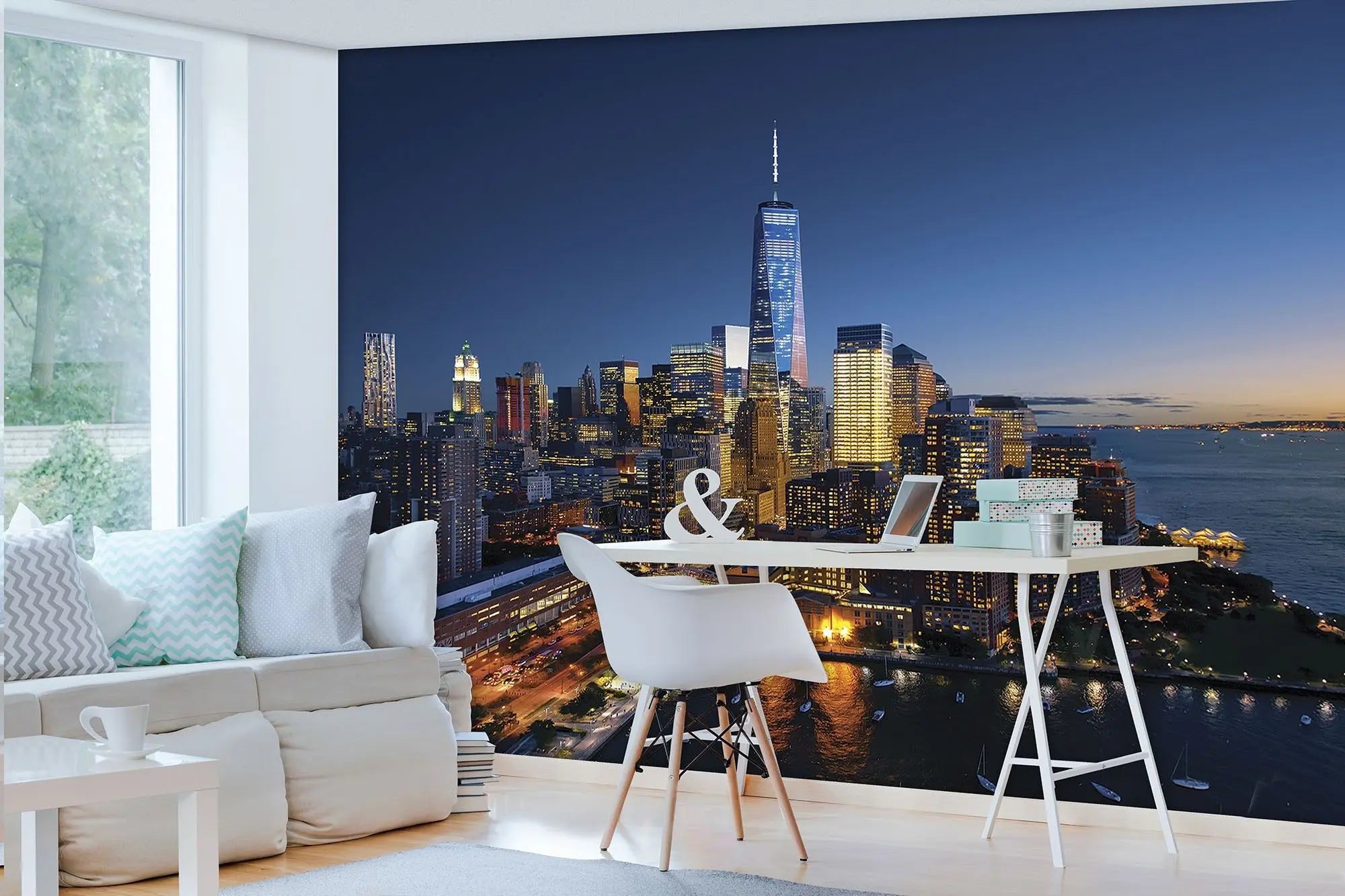 Billede 3 af Fototapet - New York City skyline ved nat med lys fra skyskrabere