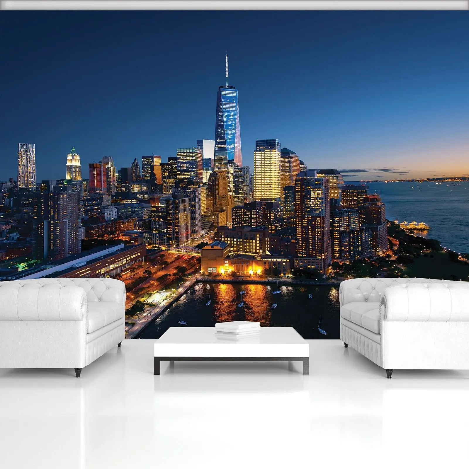 Billede 4 af Fototapet - New York City skyline ved nat med lys fra skyskrabere
