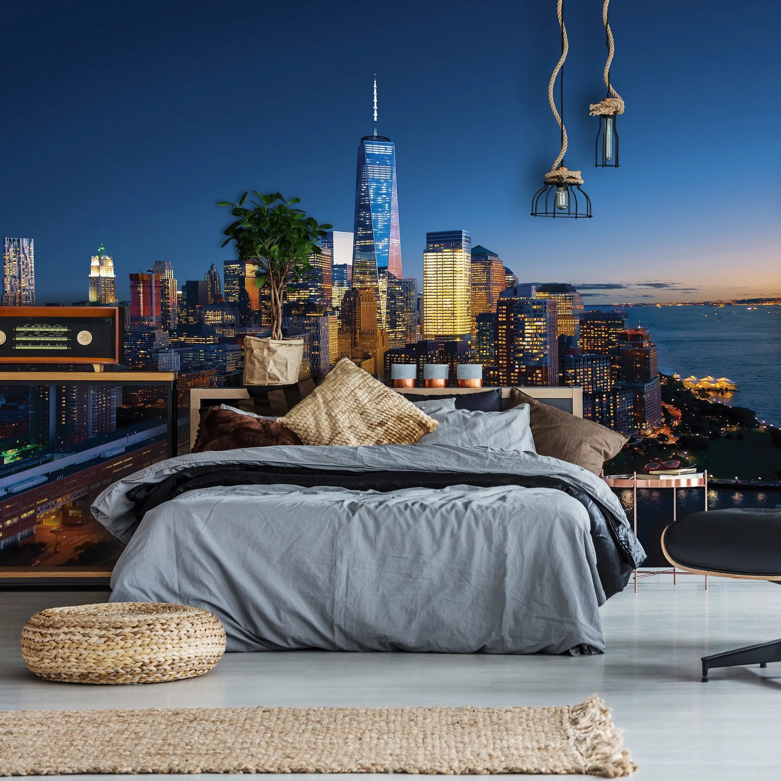 Billede 7 af Fototapet - New York City skyline ved nat med lys fra skyskrabere