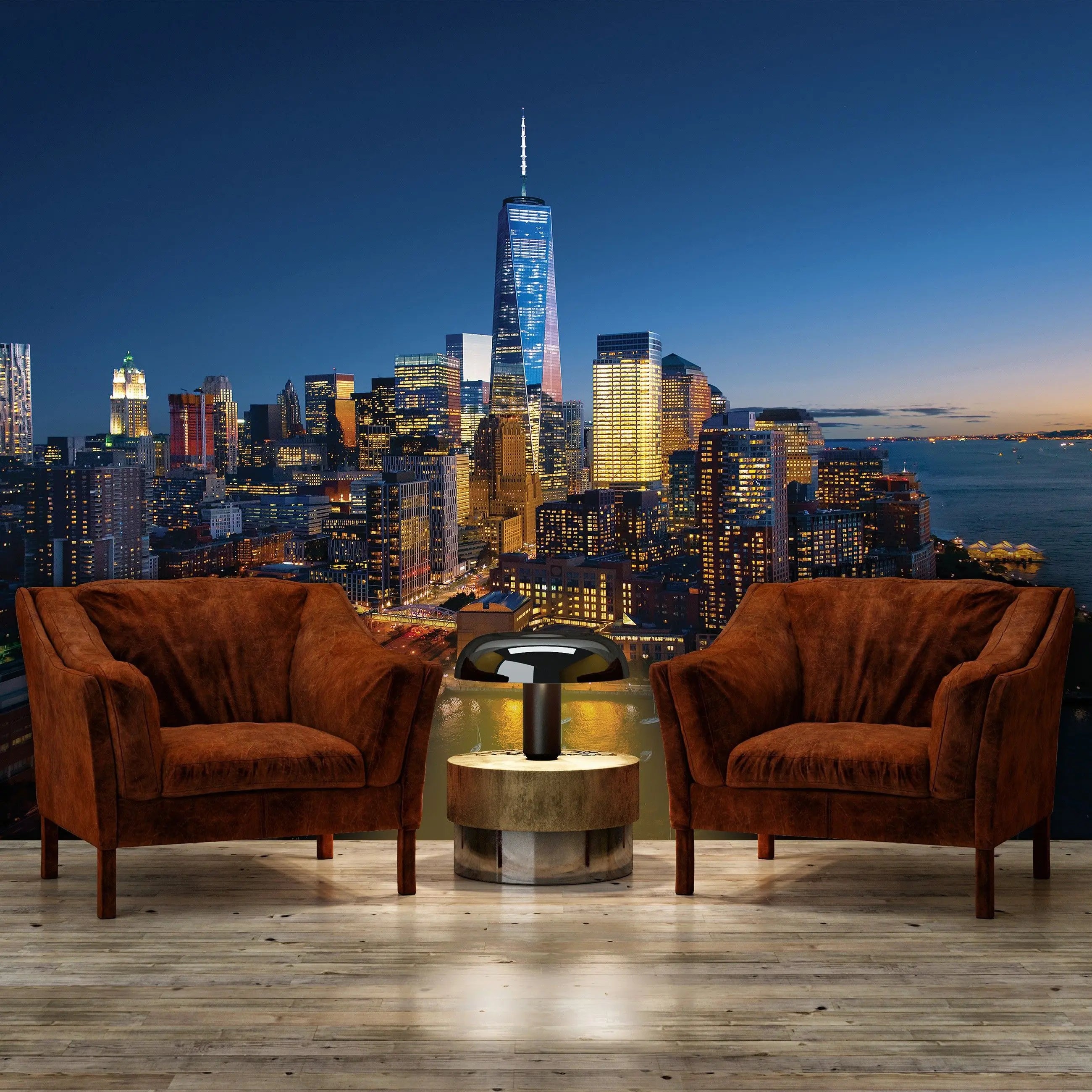 Billede 8 af Fototapet - New York City skyline ved nat med lys fra skyskrabere