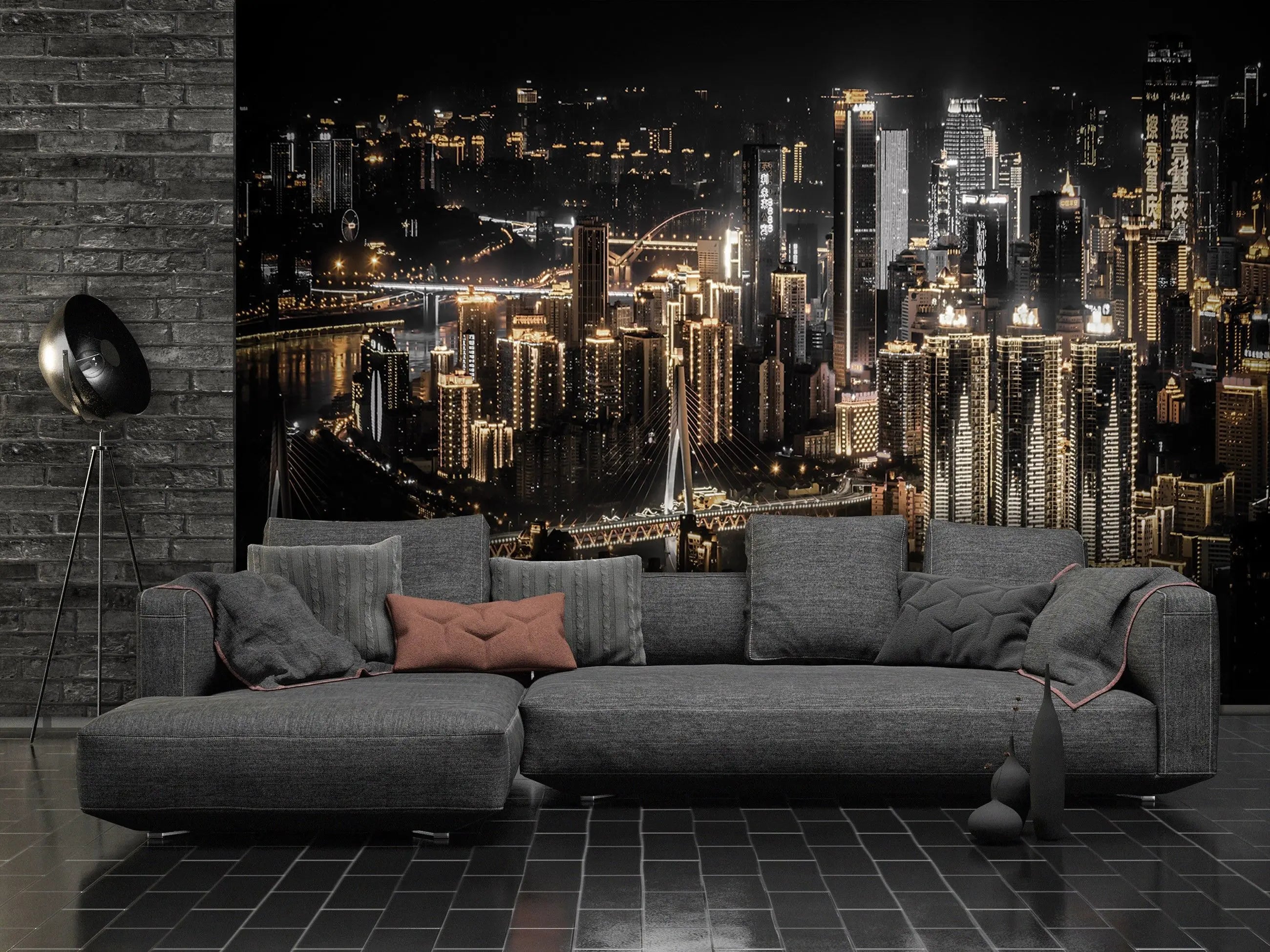 Billede 12 af Fototapet - Oplyst skyline i natten i storbyen