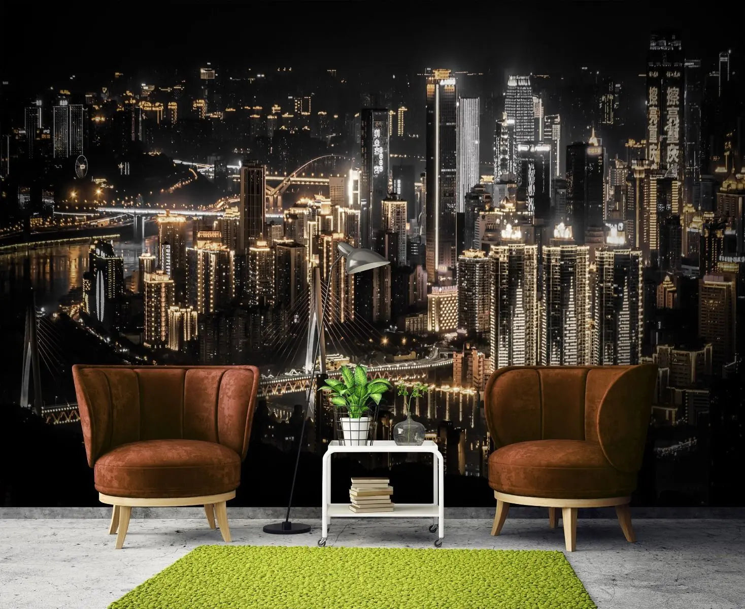 Billede 2 af Fototapet - Oplyst skyline i natten i storbyen