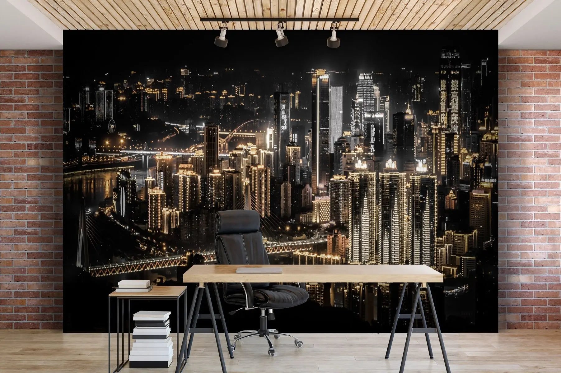 Billede 3 af Fototapet - Oplyst skyline i natten i storbyen