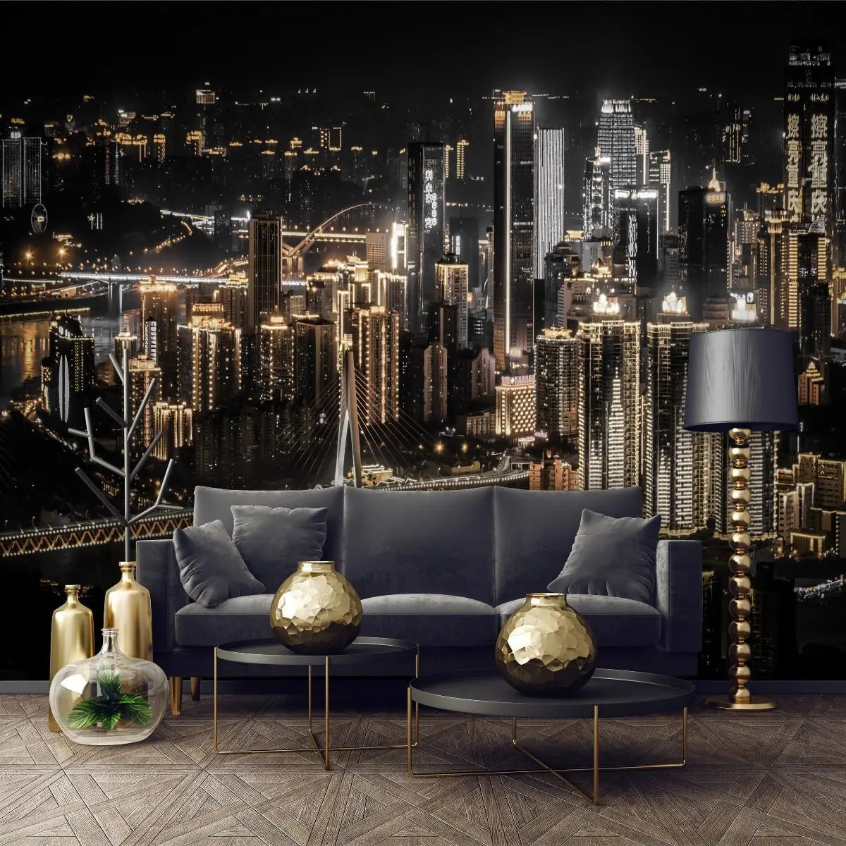 Billede 5 af Fototapet - Oplyst skyline i natten i storbyen