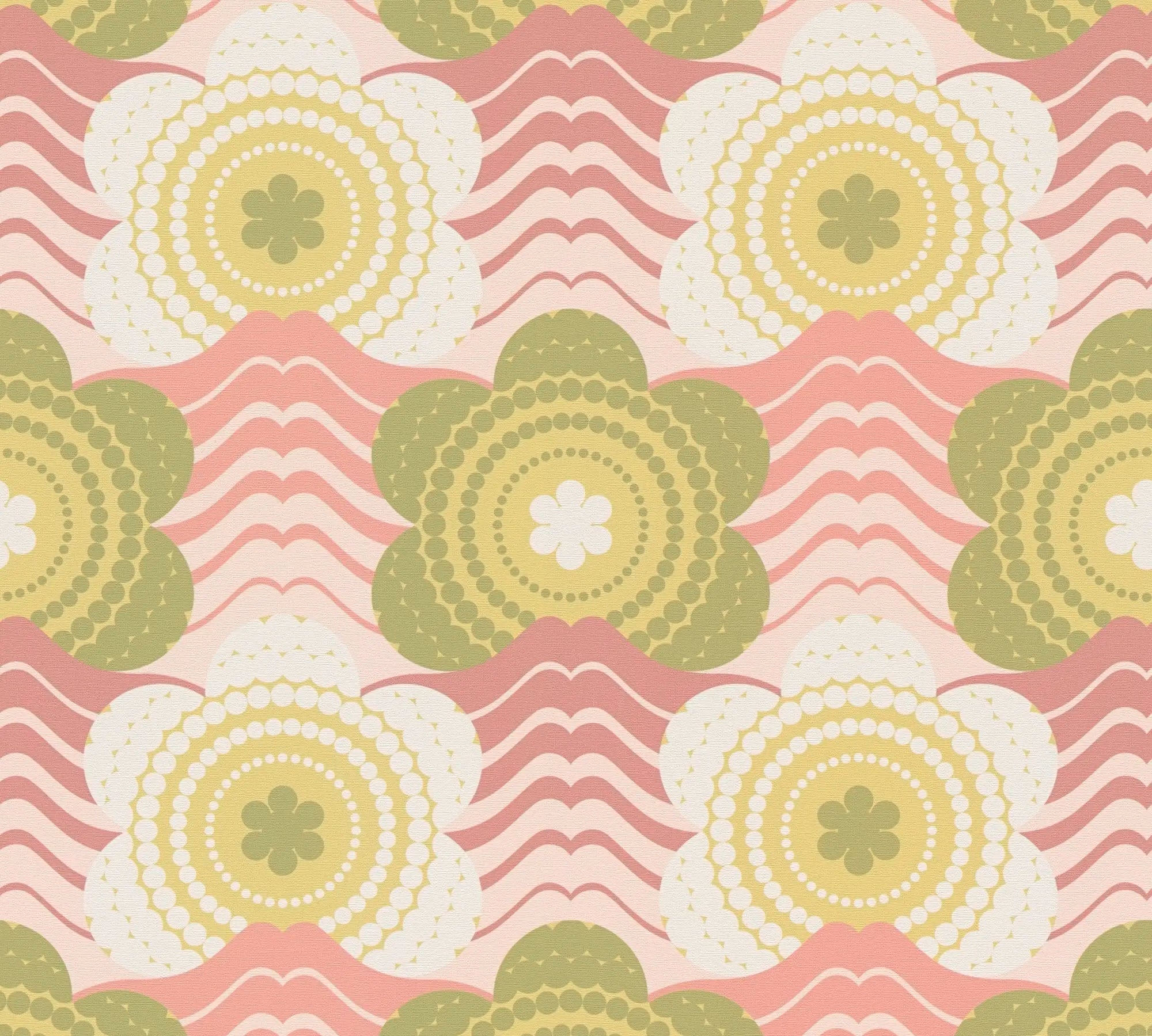 Detaljeret visning af mønsteret Patricia - Blossom Olive med blomsterdesign i olivengrøn og lyserød.