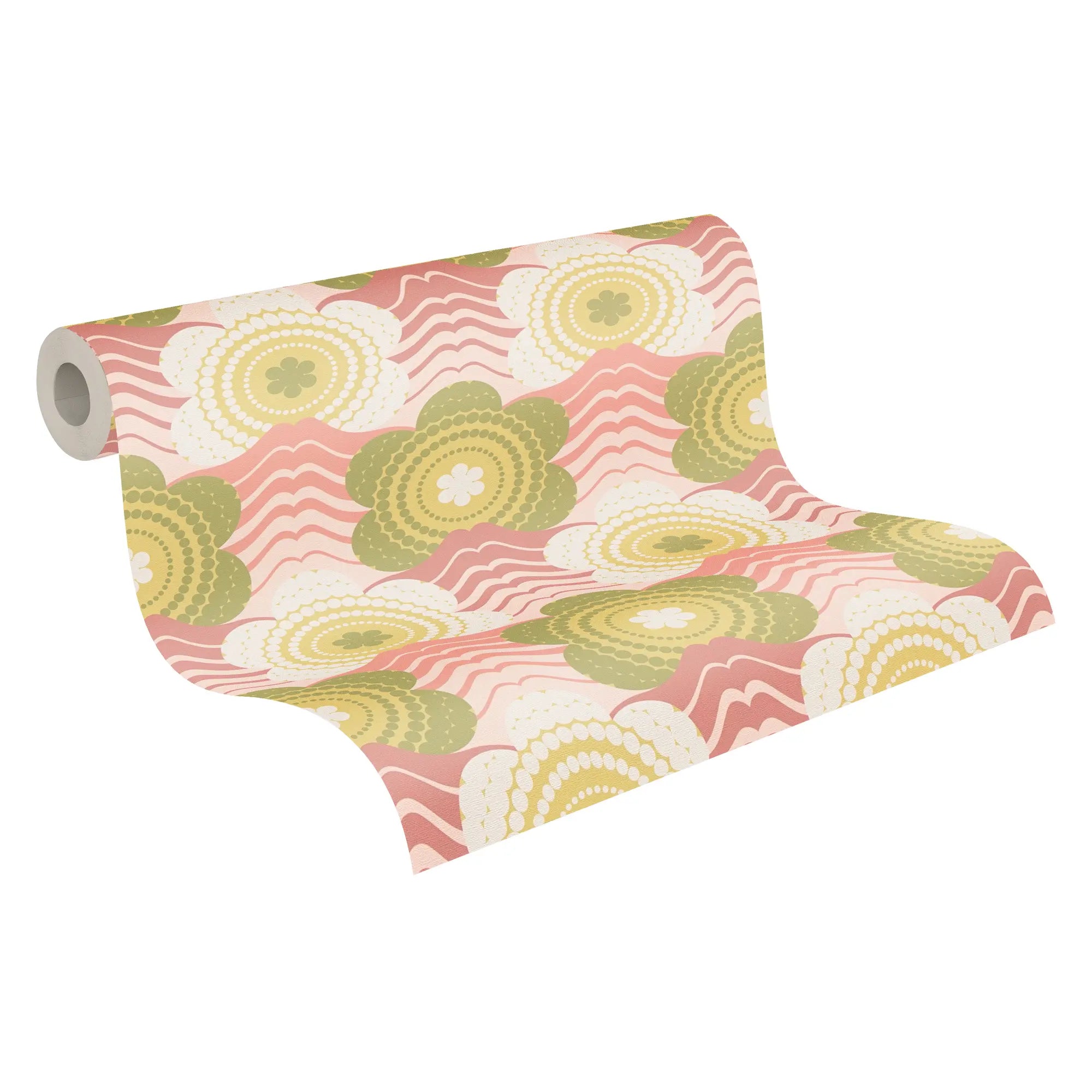 Tapetrulle af Patricia - Blossom Olive med flot blomsterdesign i olivengrøn og lyserød.