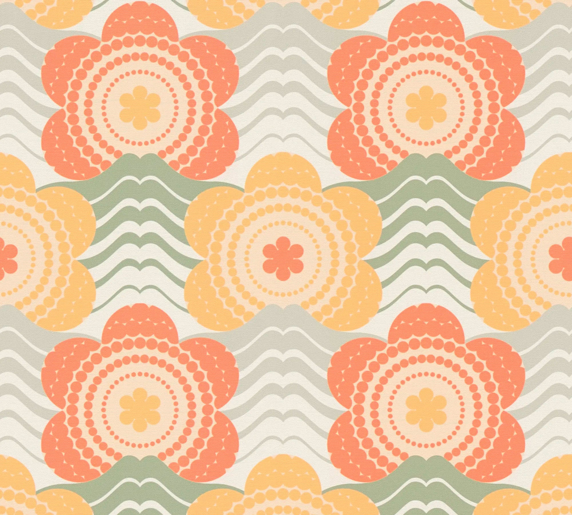 Detaljeret visning af Patricia - Coral Mint tapetmønster med blomster og bølger i koral, mint og gule nuancer.