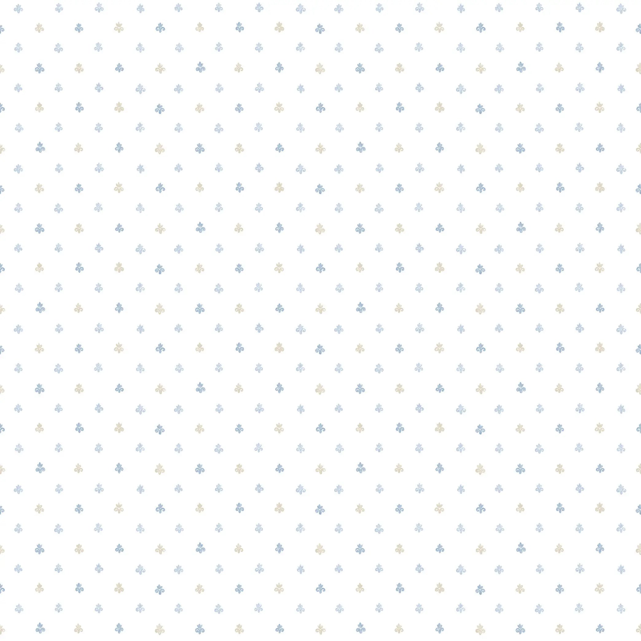 Tæt på billede af Petite Flourish - Misty Sky tapet med elegant blomstermotiv i blå og beige toner på en lys baggrund.