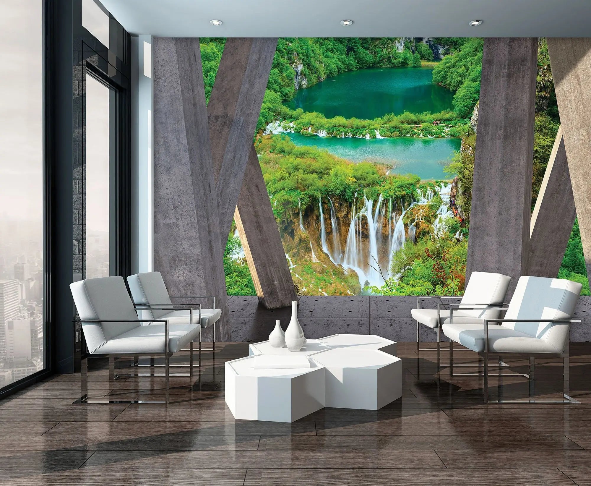 Billede 3 af Fototapet - Plitvice-søerne med vandfald set gennem betonbro