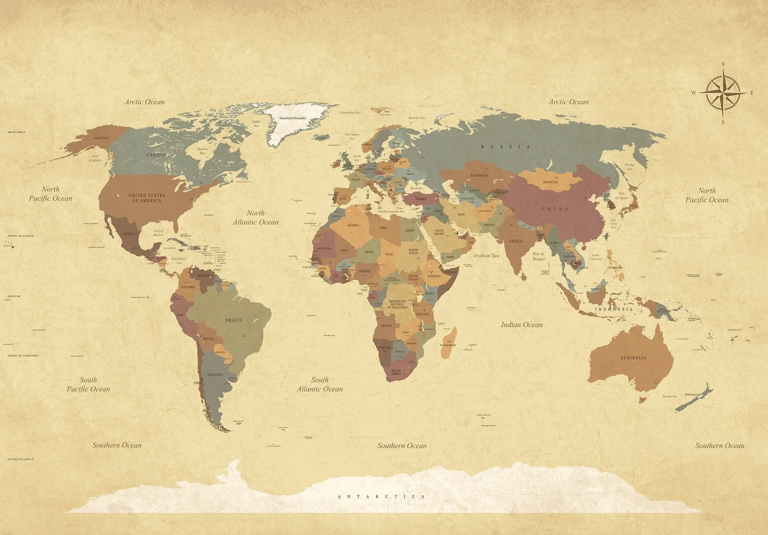 Billede 2 af Fototapet - Politisk verdenskort i vintage-stil