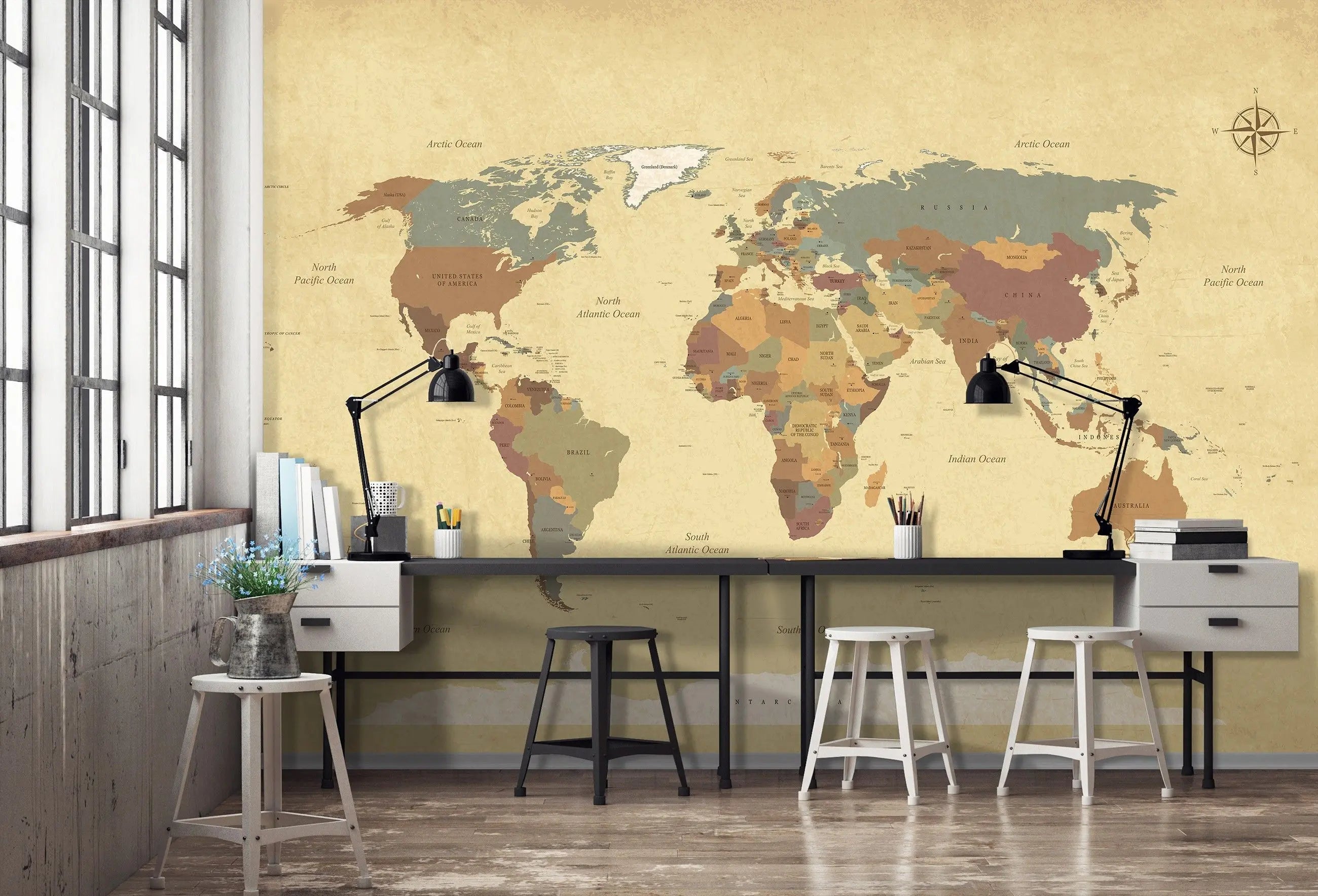 Billede 4 af Fototapet - Politisk verdenskort i vintage-stil