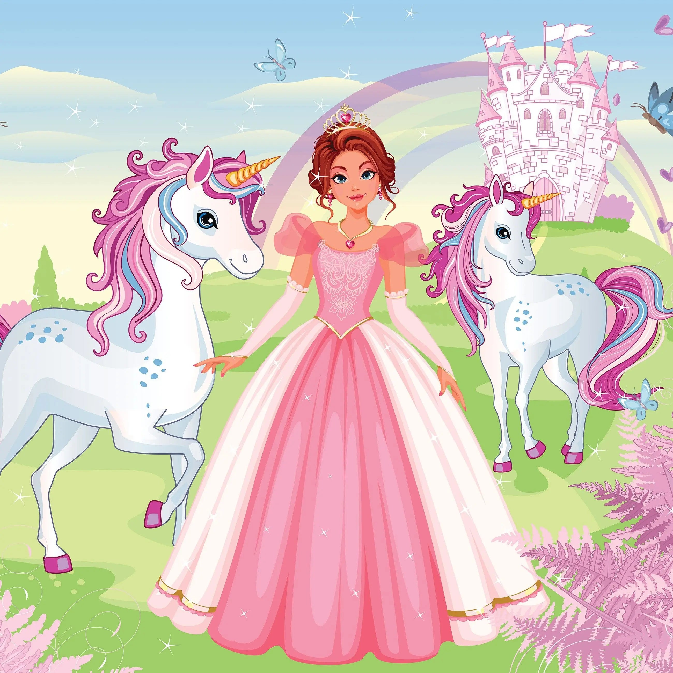 Billede 2 af Fototapet - Prinsesse i lyserød kjole med to enhjørninger i fantasiverden