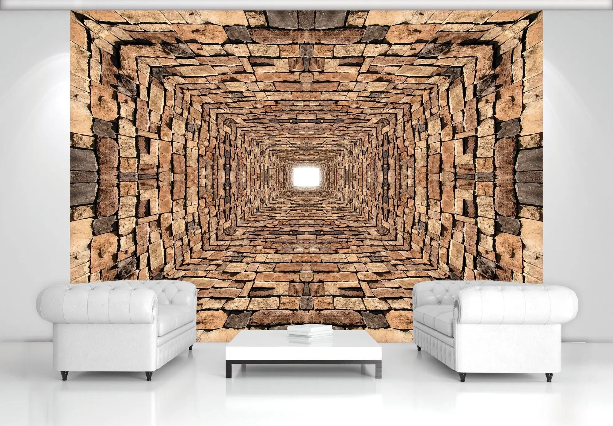 Billede 2 af Fototapet - Rå murstensgang med lys i midten