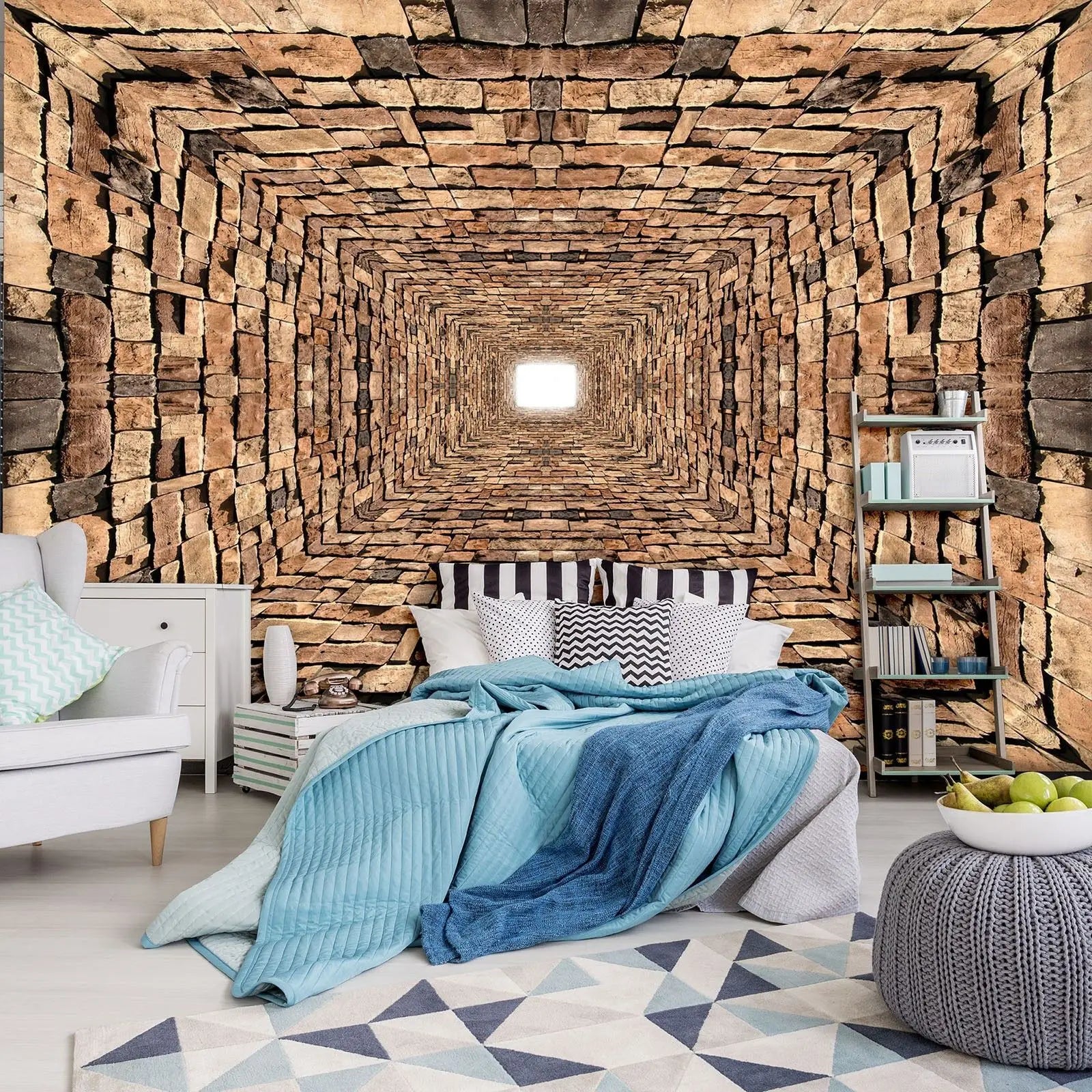 Billede 6 af Fototapet - Rå murstensgang med lys i midten