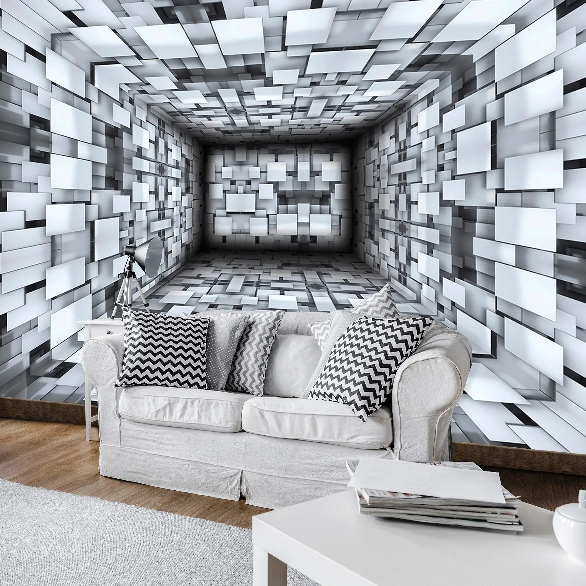 Billede 4 af Fototapet - Rektangulært rum med hvide og grå 3D-rektangler