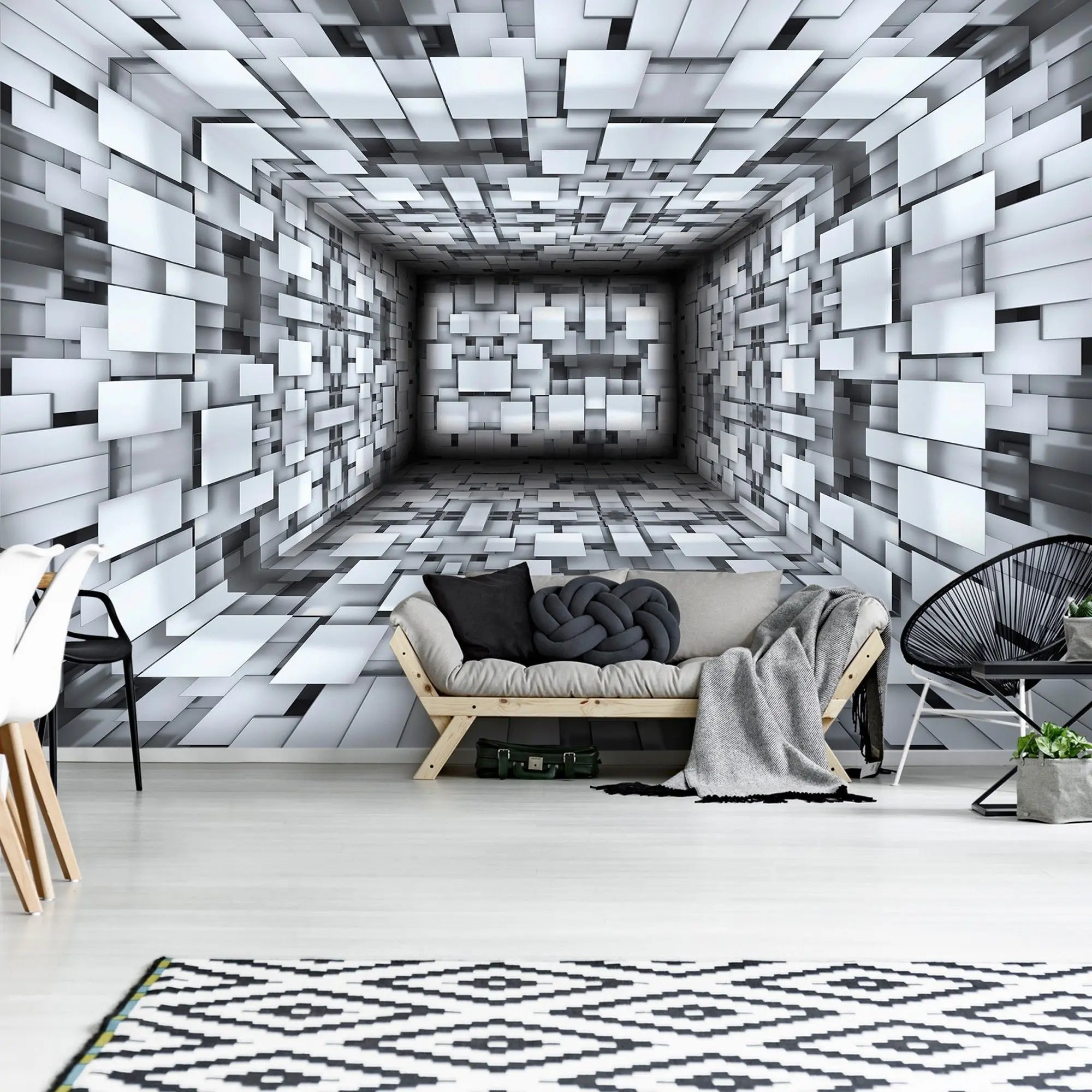 Billede 7 af Fototapet - Rektangulært rum med hvide og grå 3D-rektangler