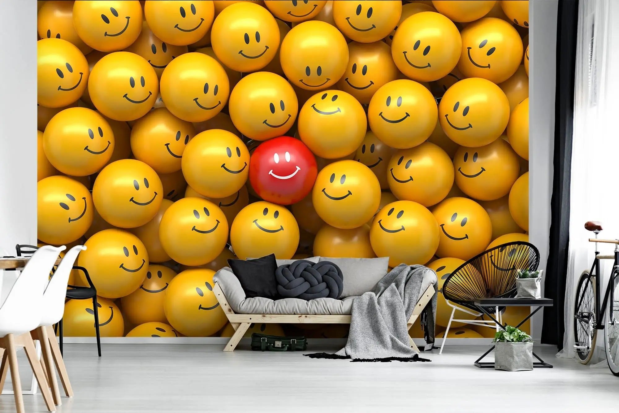 Billede 2 af Fototapet - Rød bold med smil blandt gule bolde med smil