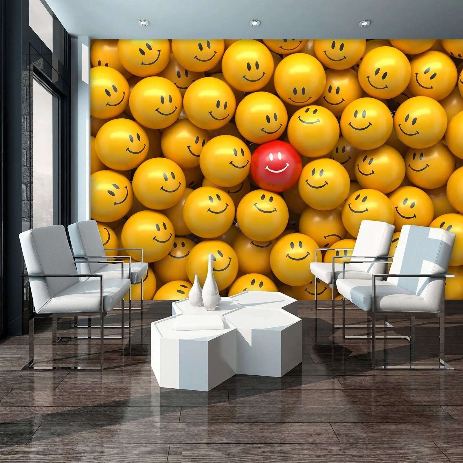 Billede 3 af Fototapet - Rød bold med smil blandt gule bolde med smil