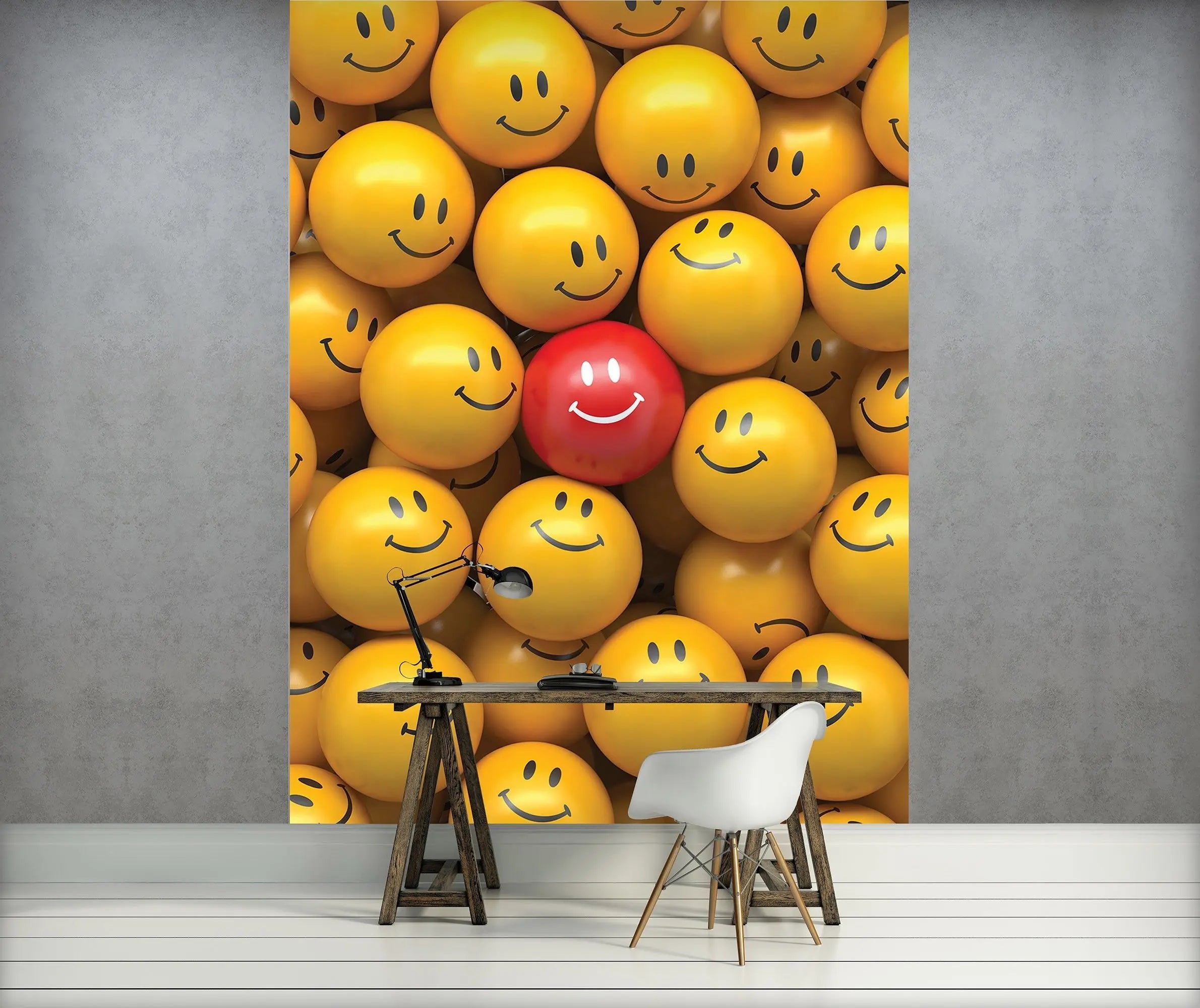Billede 4 af Fototapet - Rød bold med smil blandt gule bolde med smil