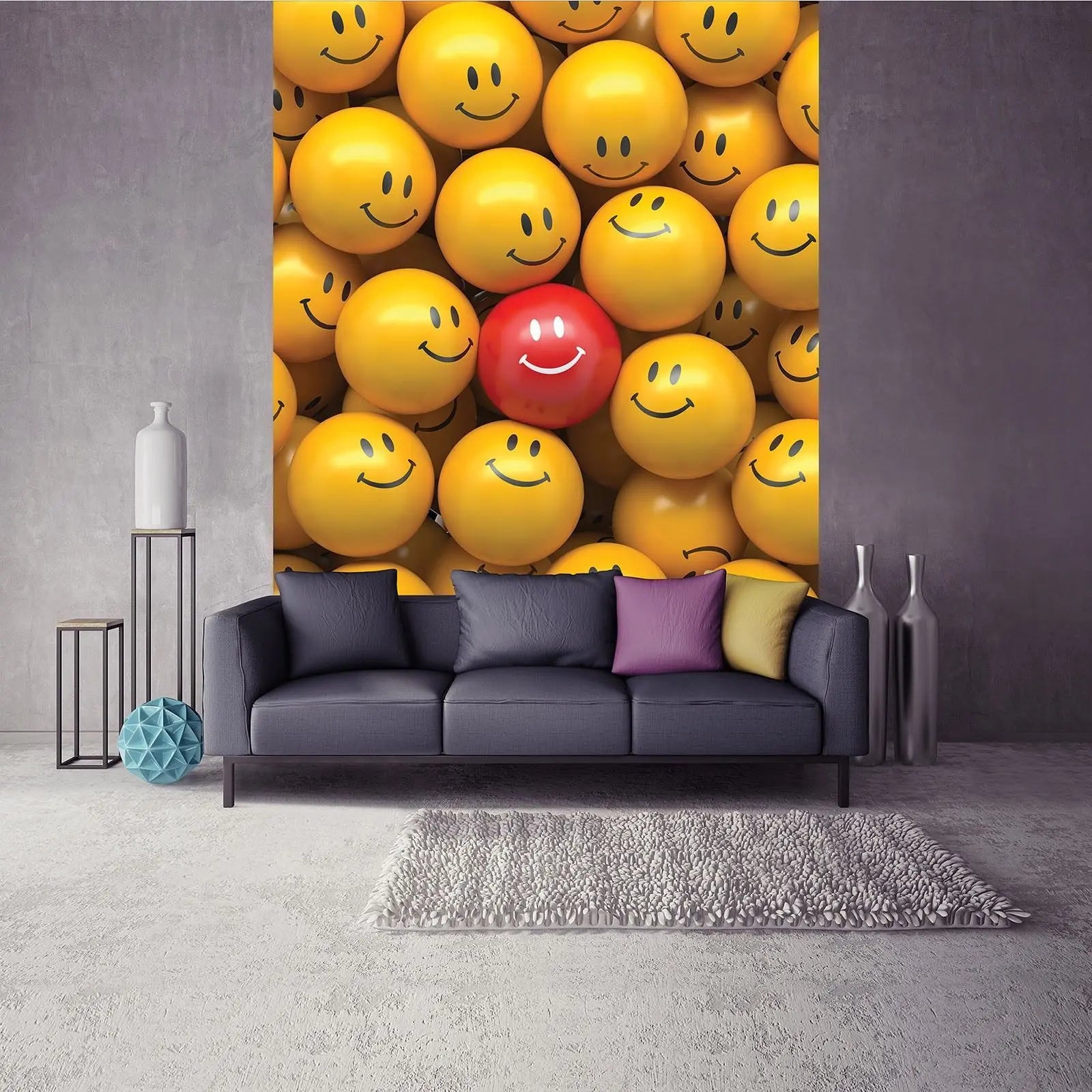 Billede 5 af Fototapet - Rød bold med smil blandt gule bolde med smil