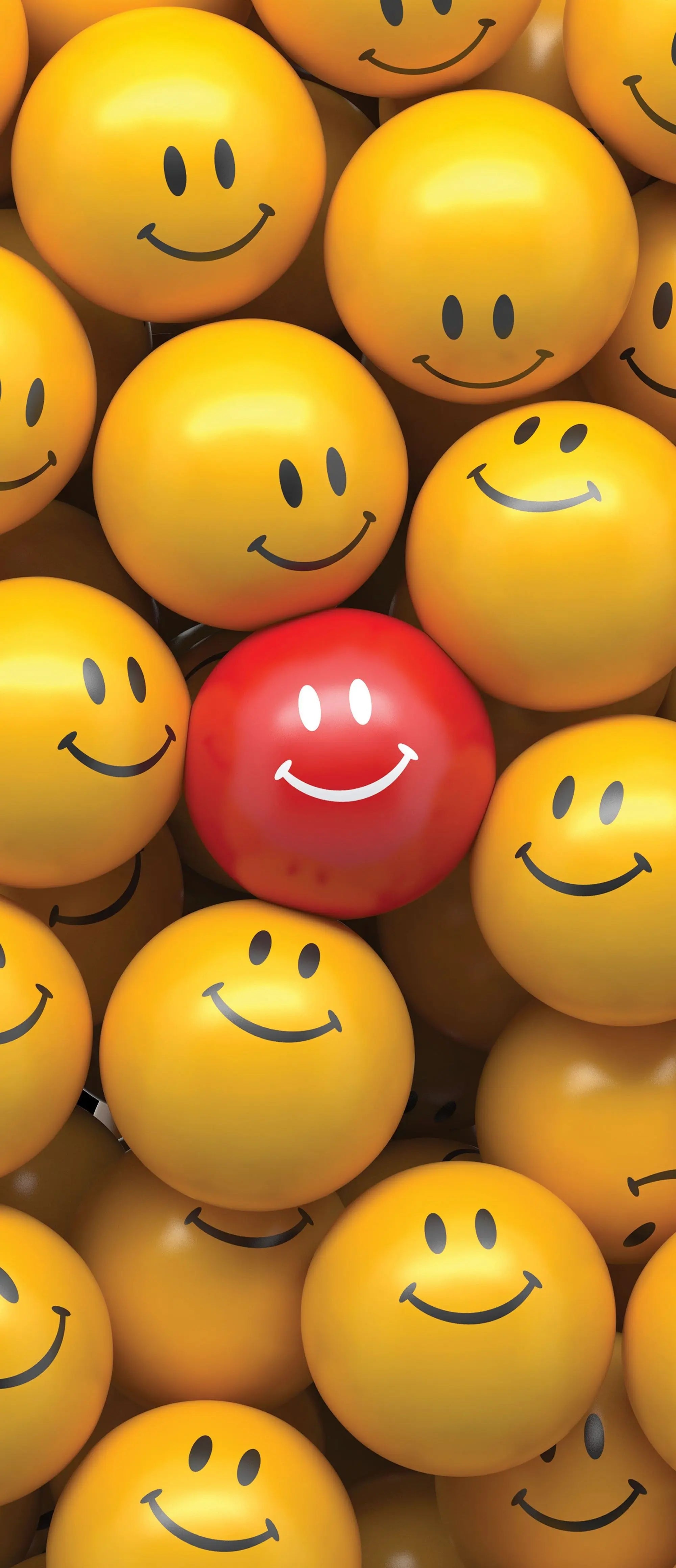 Billede 6 af Fototapet - Rød bold med smil blandt gule bolde med smil