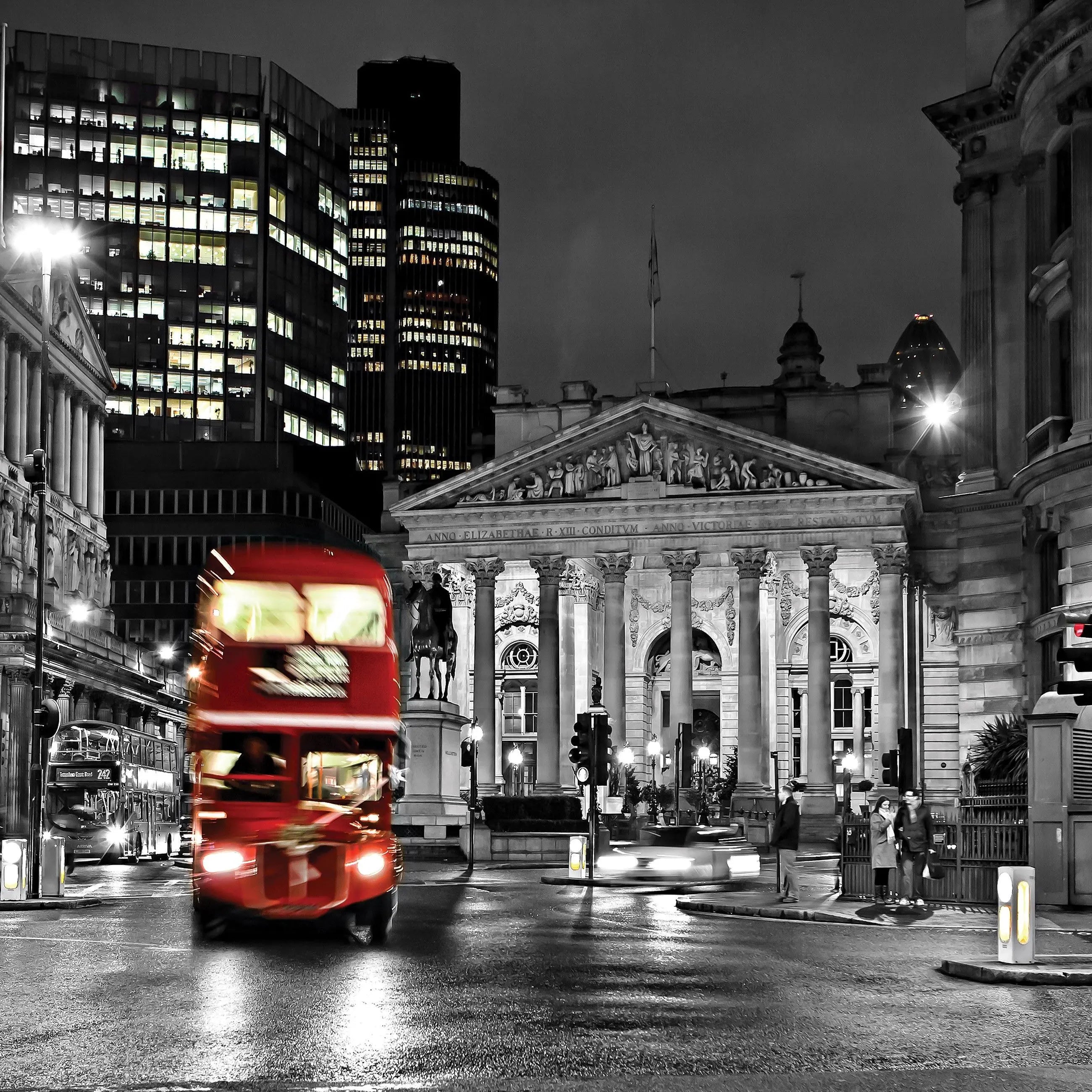 Billede 9 af Fototapet - Rød dobbeltdækkerbus foran Royal Exchange i London