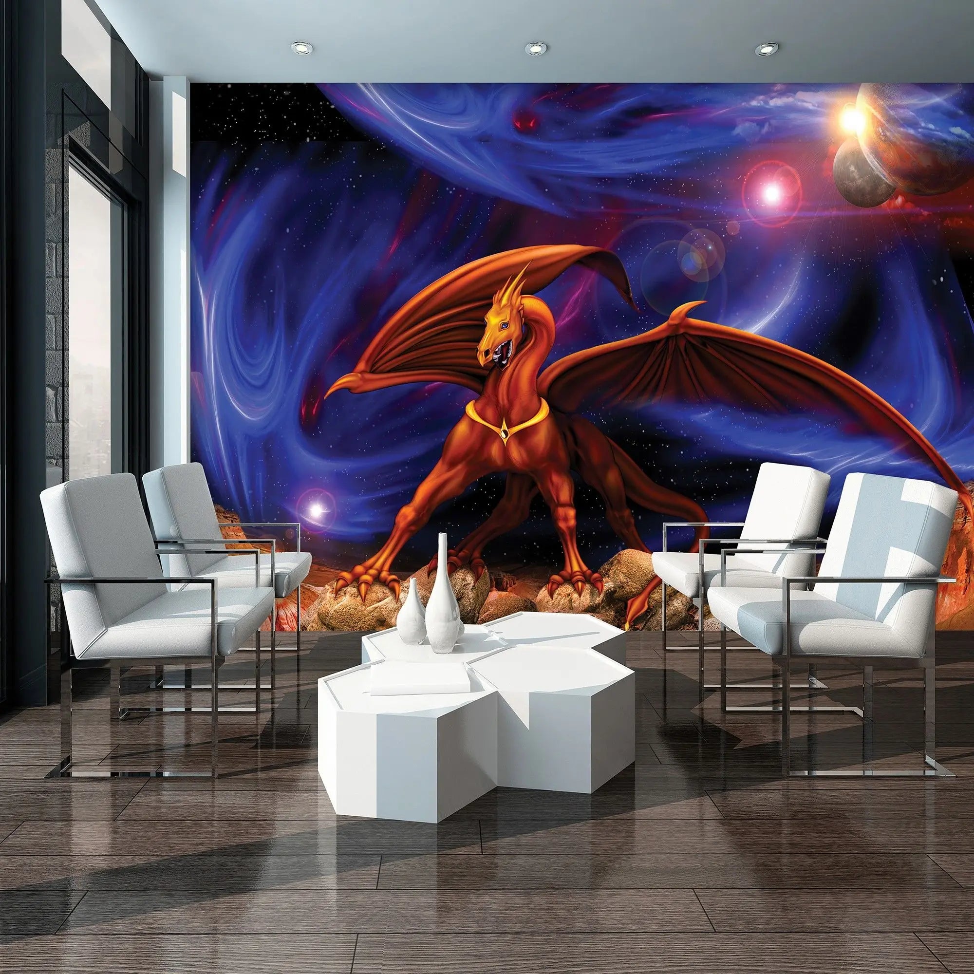 Billede 3 af Fototapet - Rød drage med vinger på klipper under stjernehimmel