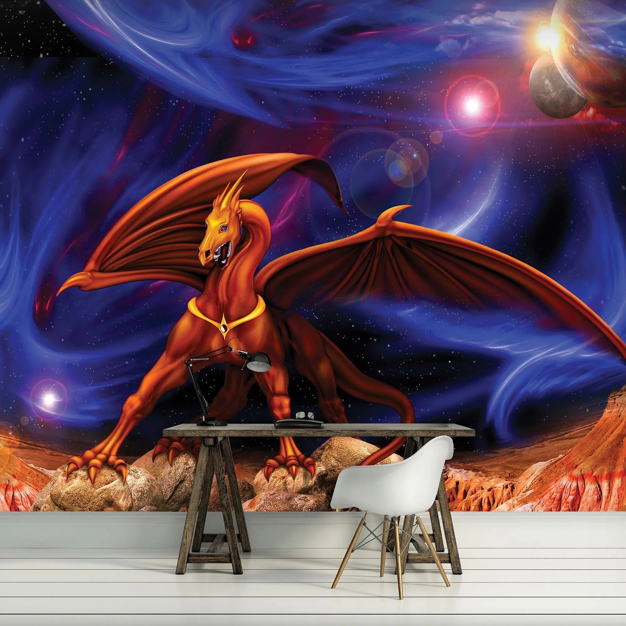 Billede 4 af Fototapet - Rød drage med vinger på klipper under stjernehimmel