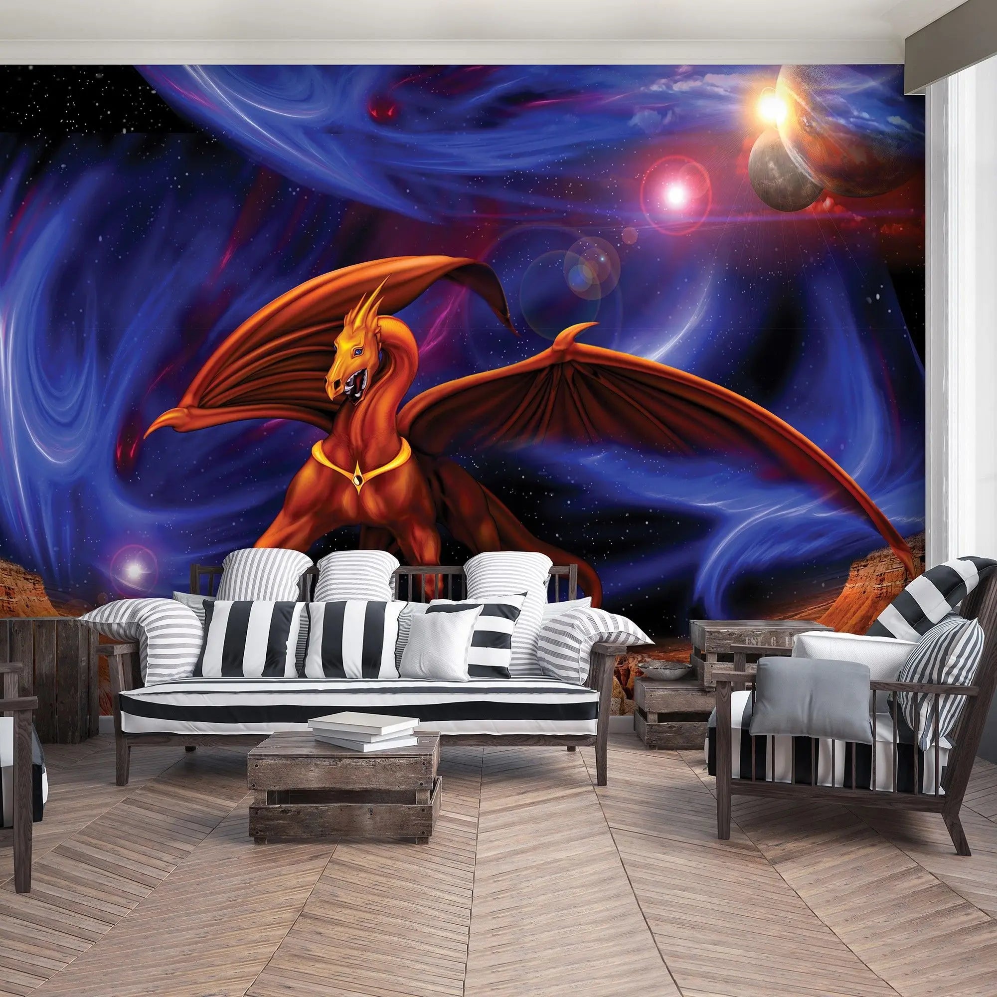 Billede 5 af Fototapet - Rød drage med vinger på klipper under stjernehimmel