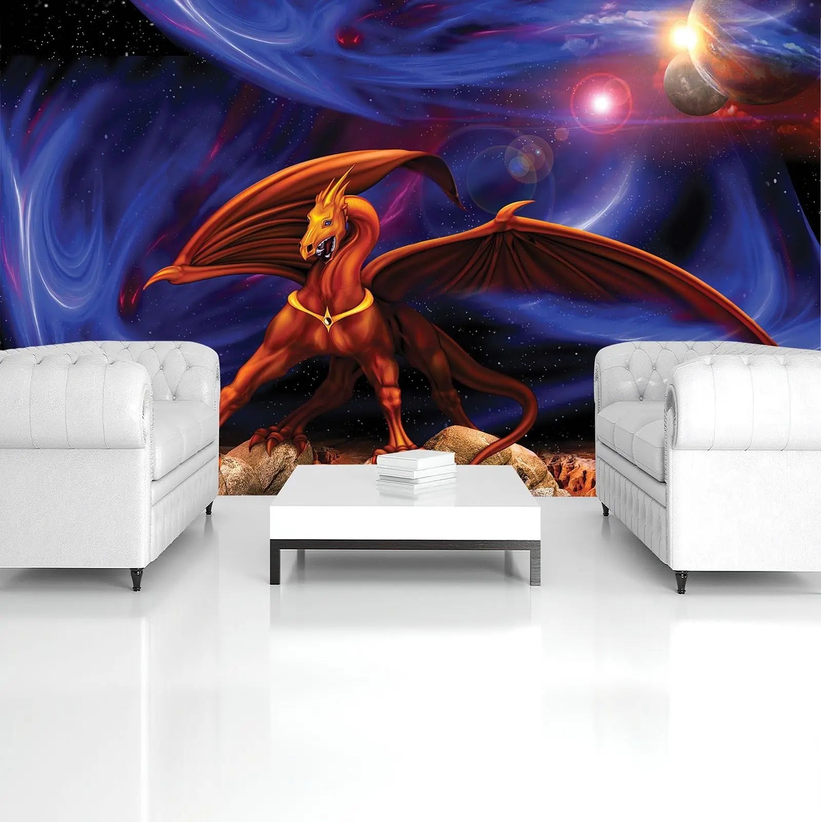 Billede 6 af Fototapet - Rød drage med vinger på klipper under stjernehimmel