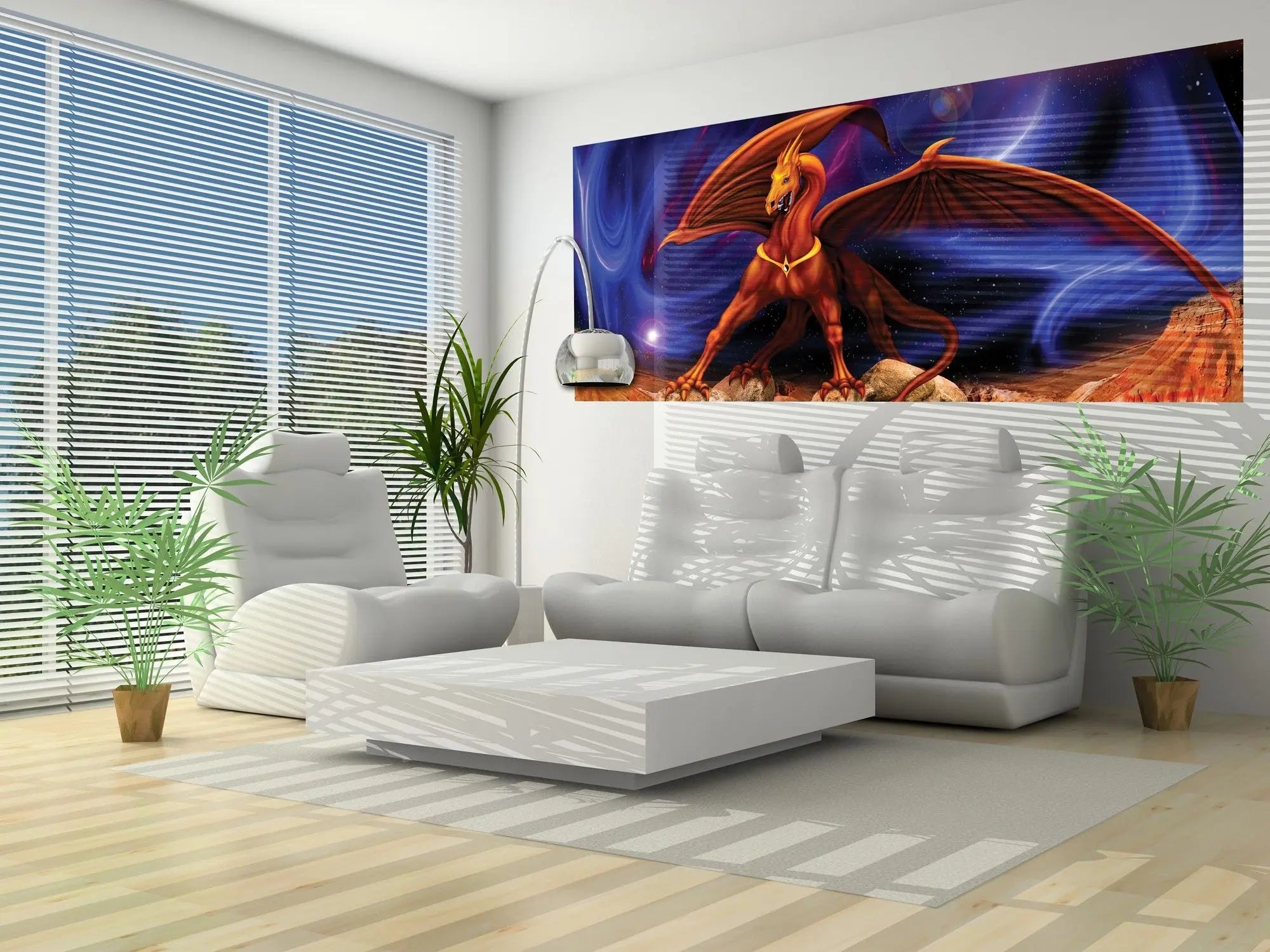 Billede 7 af Fototapet - Rød drage med vinger på klipper under stjernehimmel