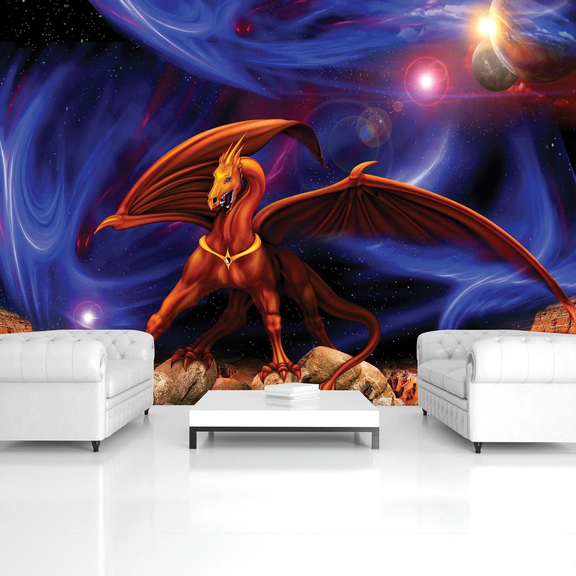 Billede 8 af Fototapet - Rød drage med vinger på klipper under stjernehimmel