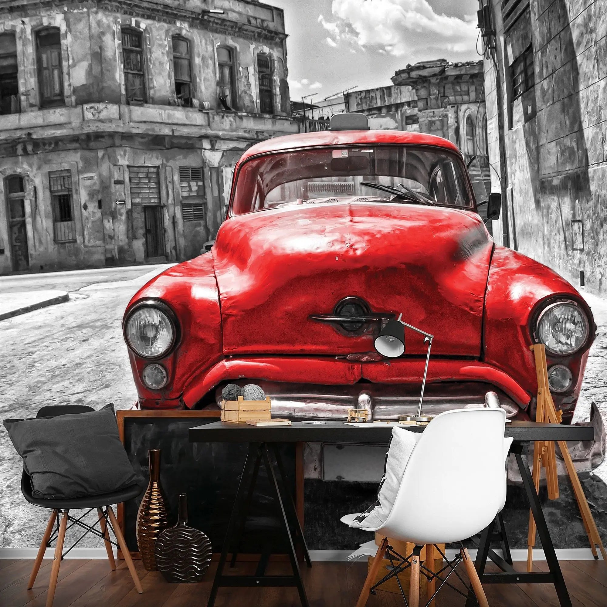 Billede 3 af Fototapet - Rød klassisk bil på gaden i Havana, Cuba