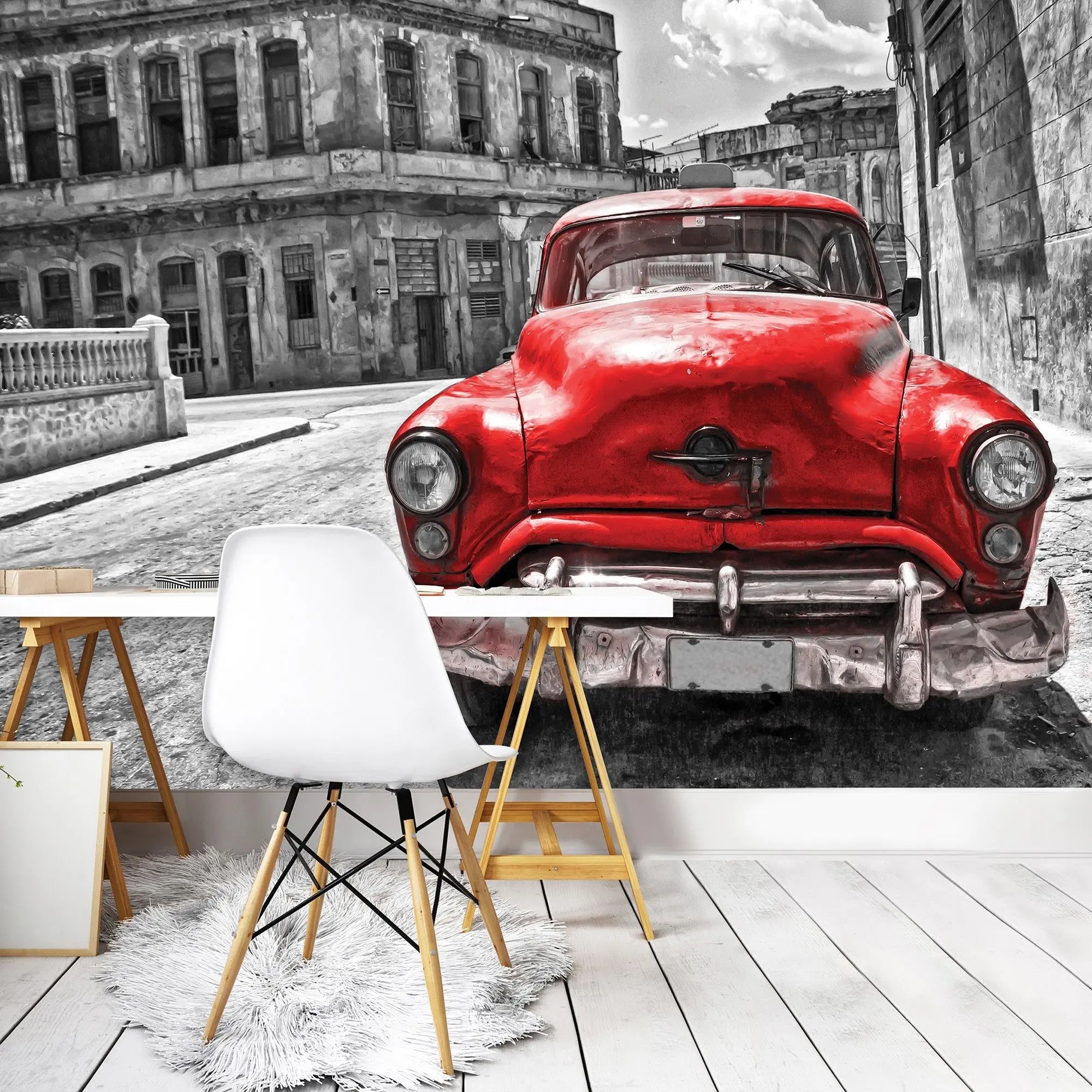 Billede 5 af Fototapet - Rød klassisk bil på gaden i Havana, Cuba