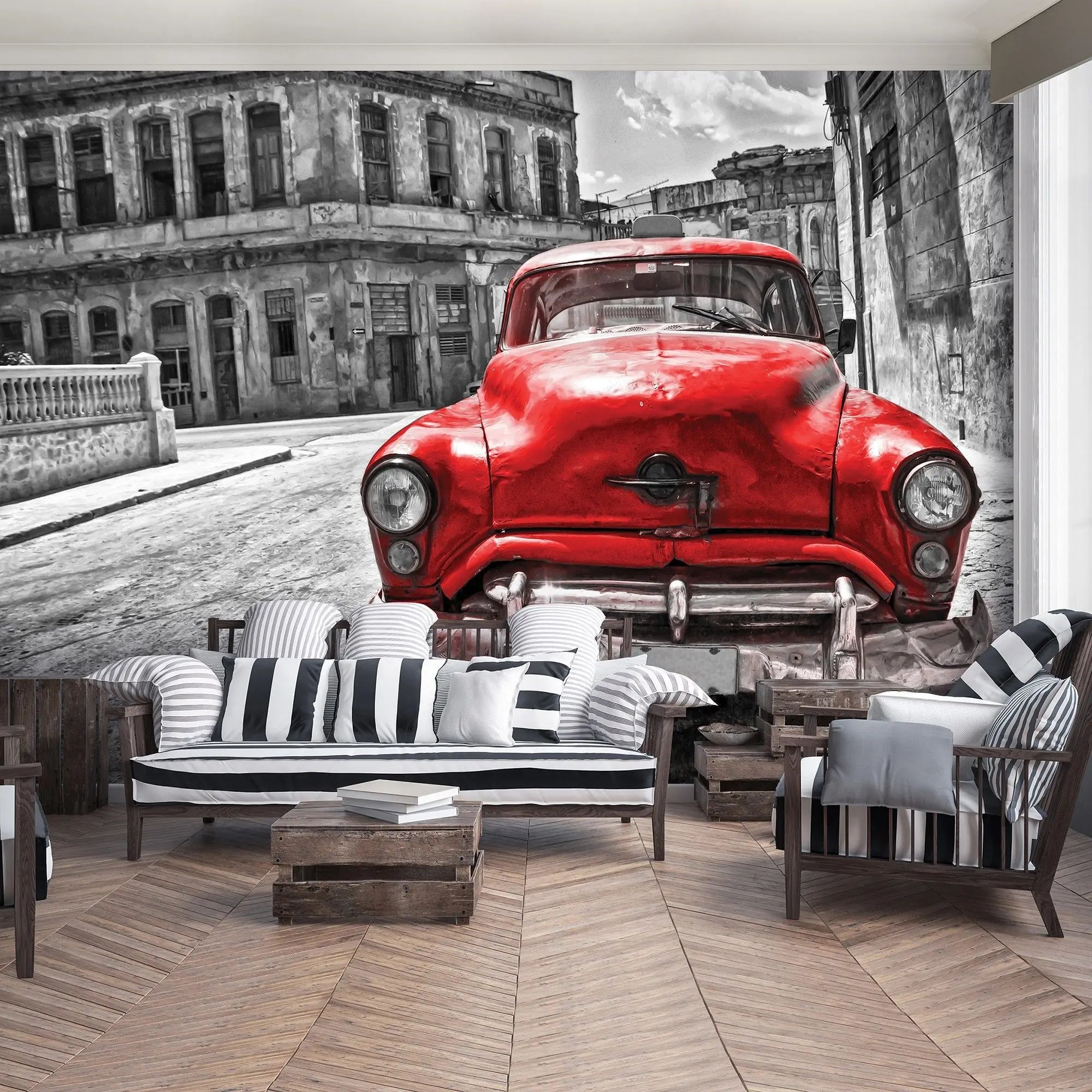 Billede 7 af Fototapet - Rød klassisk bil på gaden i Havana, Cuba