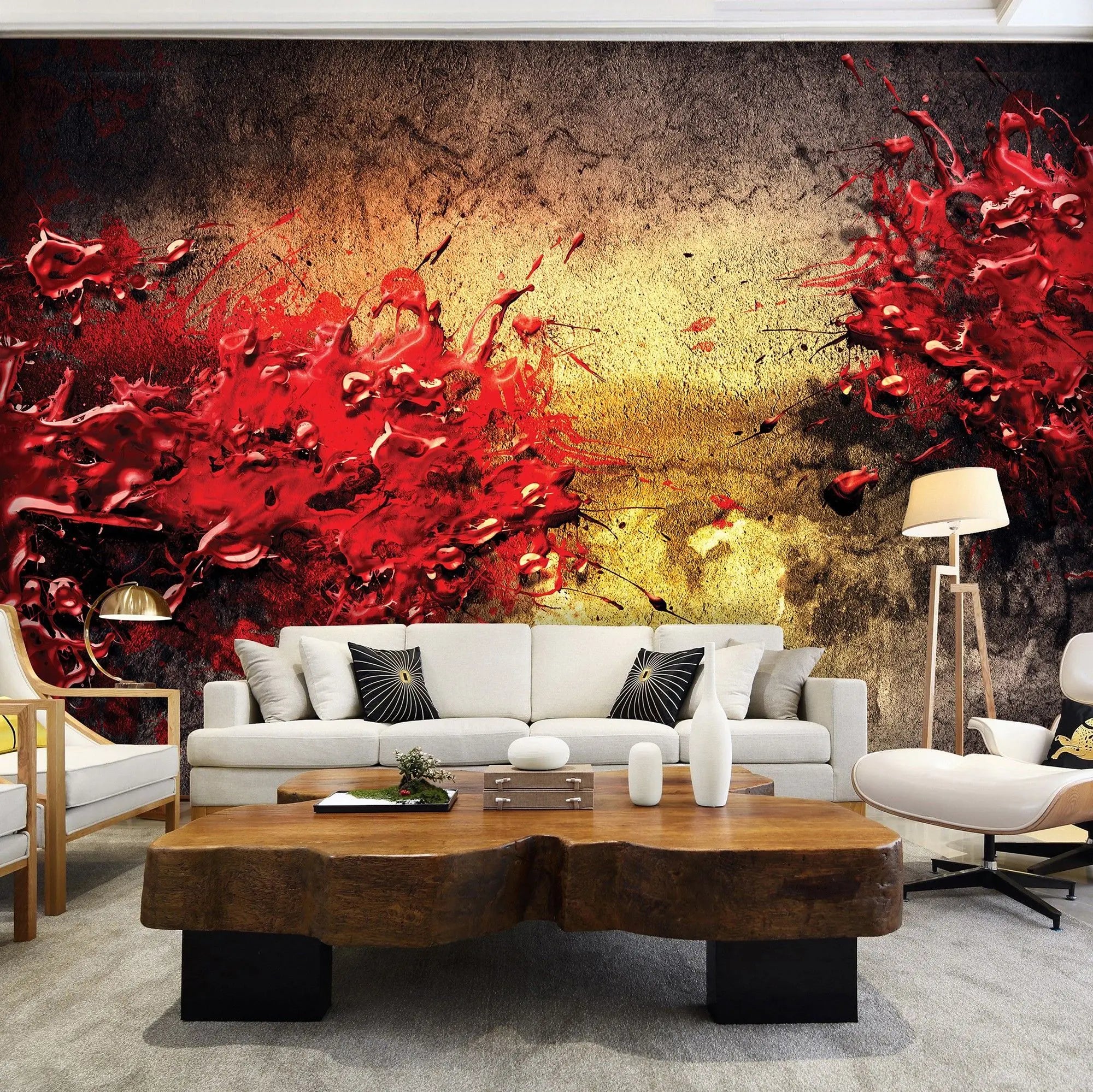 Billede 3 af Fototapet - Rød malingssprøjt på tekstureret baggrund med gul og sort