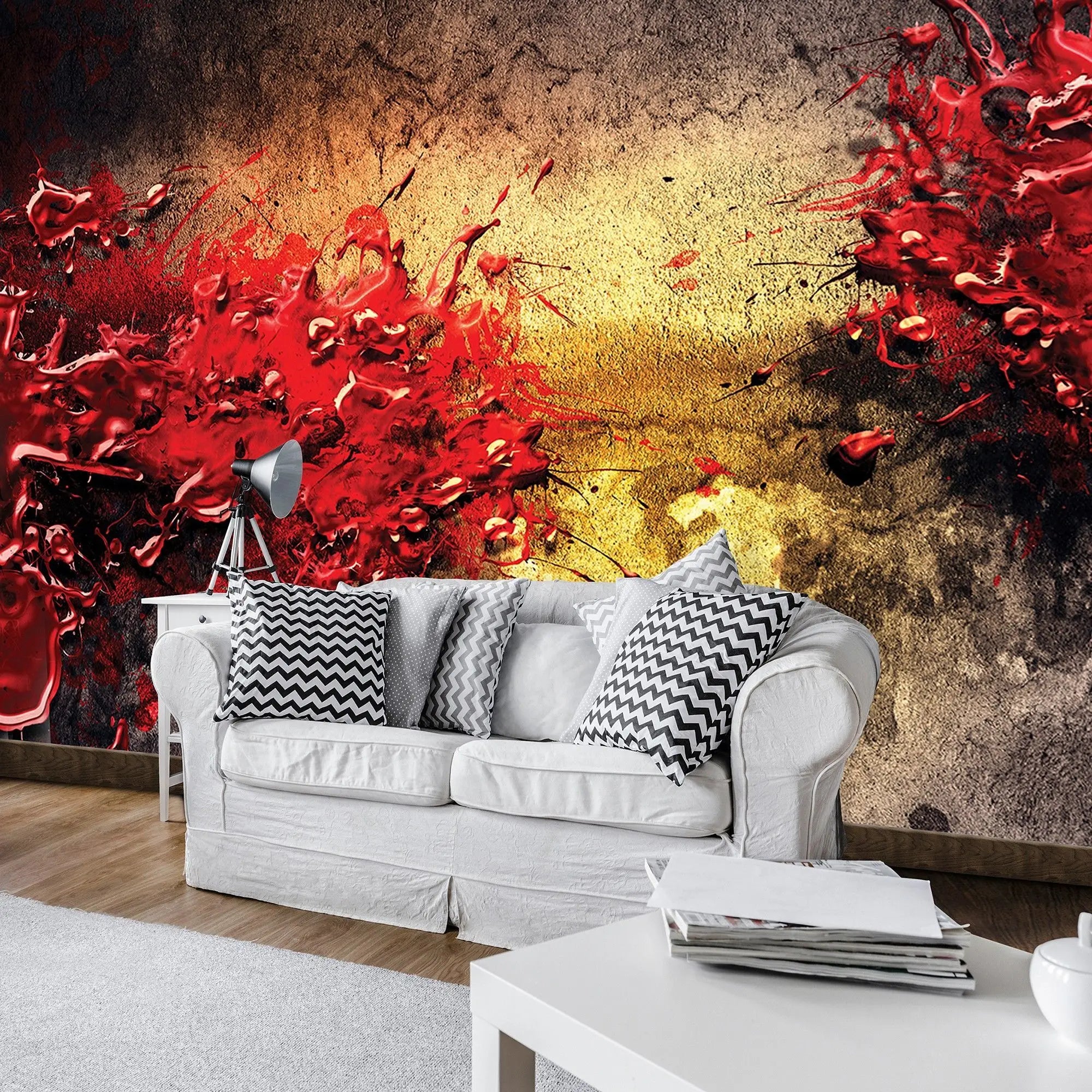 Billede 5 af Fototapet - Rød malingssprøjt på tekstureret baggrund med gul og sort