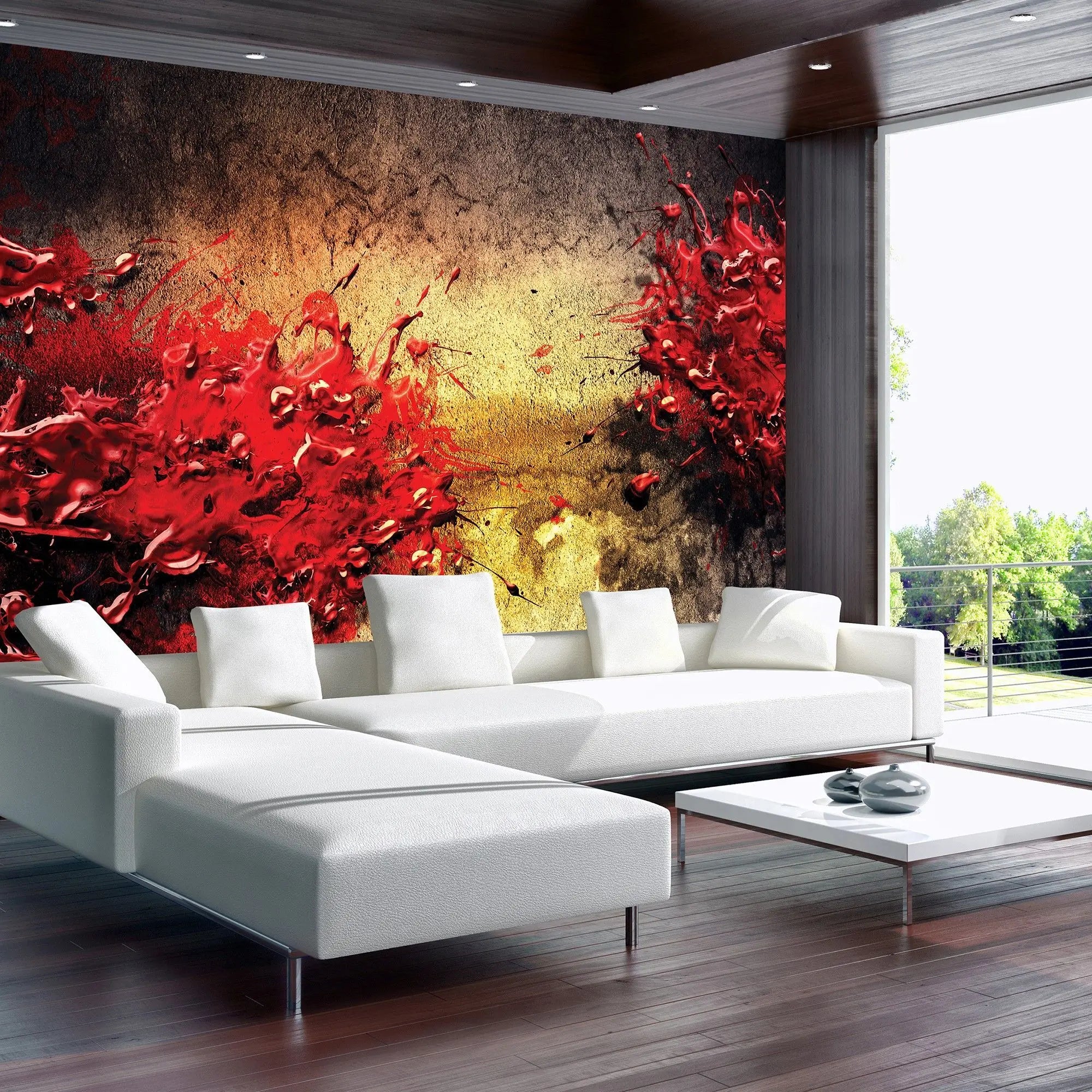 Billede 7 af Fototapet - Rød malingssprøjt på tekstureret baggrund med gul og sort