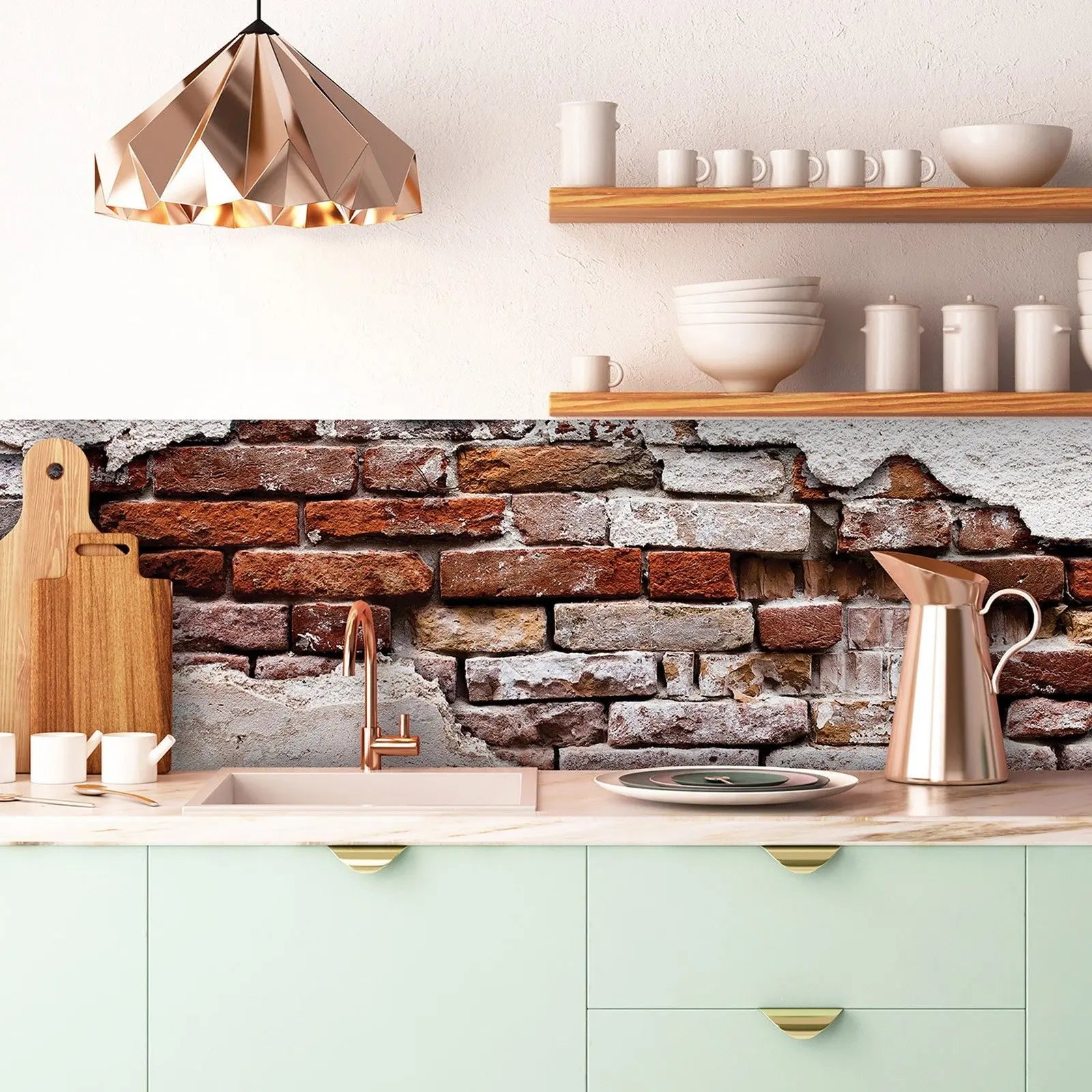 Billede 10 af Fototapet - Rød murstensmur med afskallet hvid puds