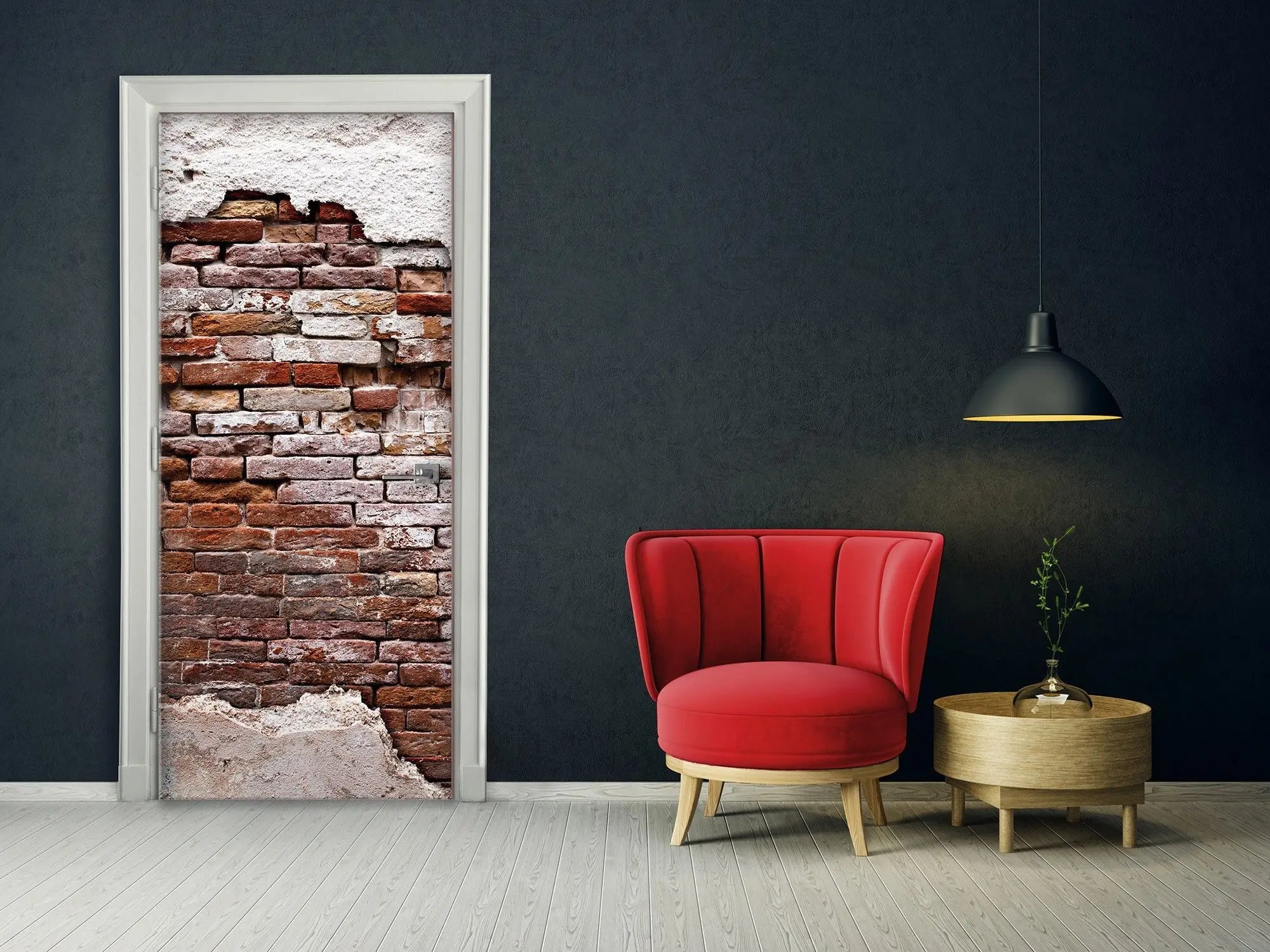 Billede 11 af Fototapet - Rød murstensmur med afskallet hvid puds