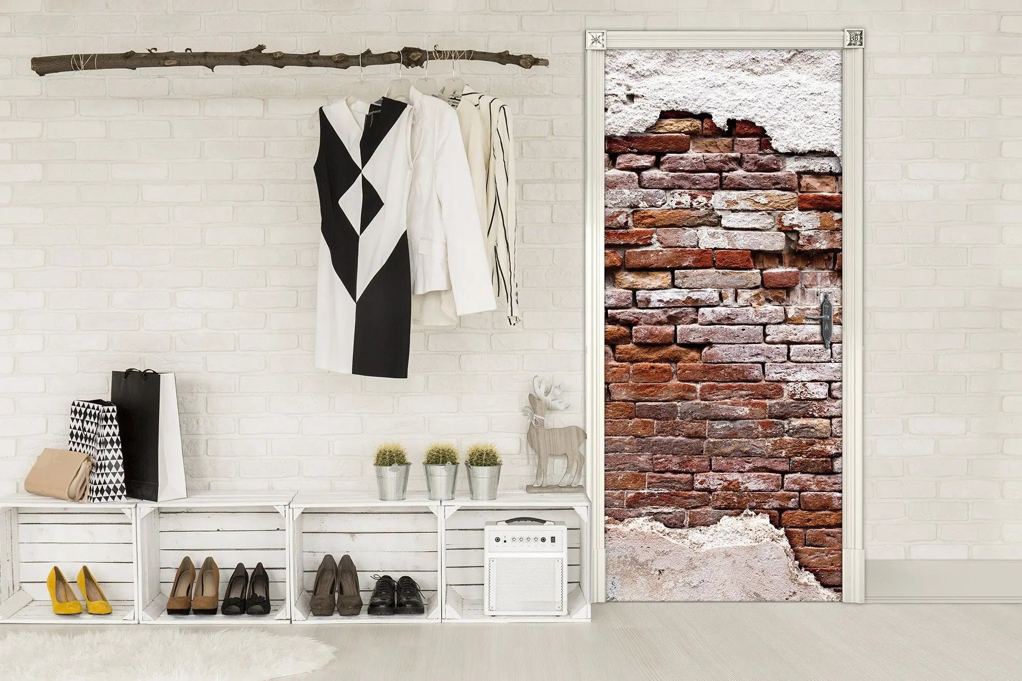 Billede 12 af Fototapet - Rød murstensmur med afskallet hvid puds