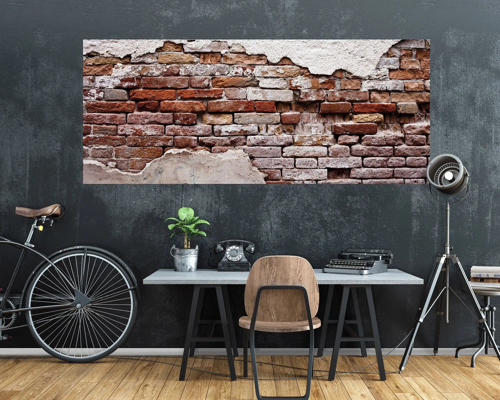 Billede 13 af Fototapet - Rød murstensmur med afskallet hvid puds