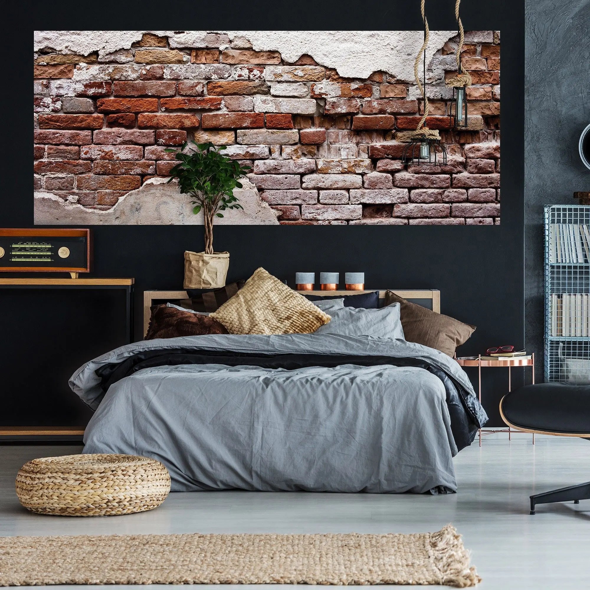 Billede 15 af Fototapet - Rød murstensmur med afskallet hvid puds