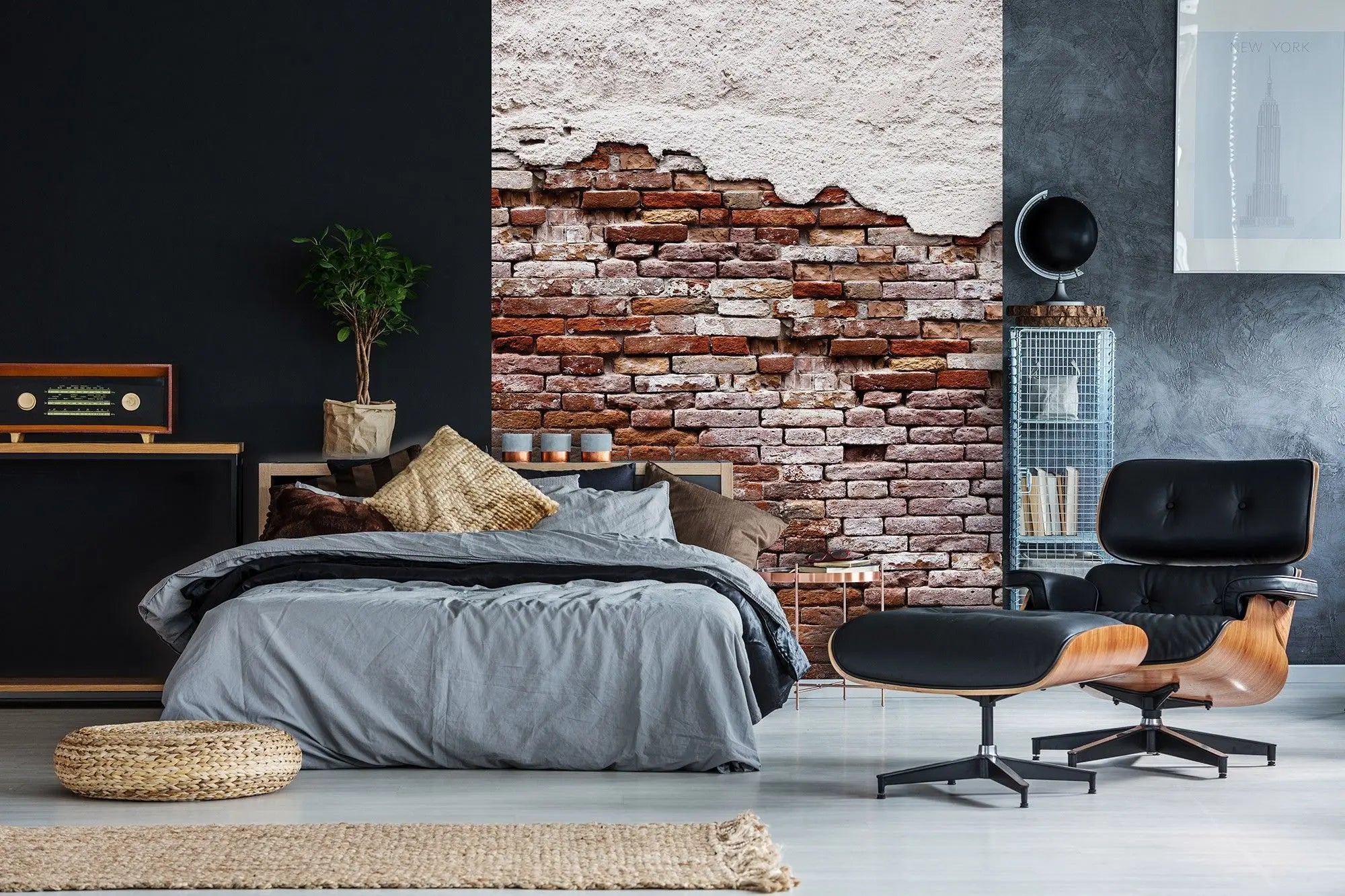 Billede 16 af Fototapet - Rød murstensmur med afskallet hvid puds