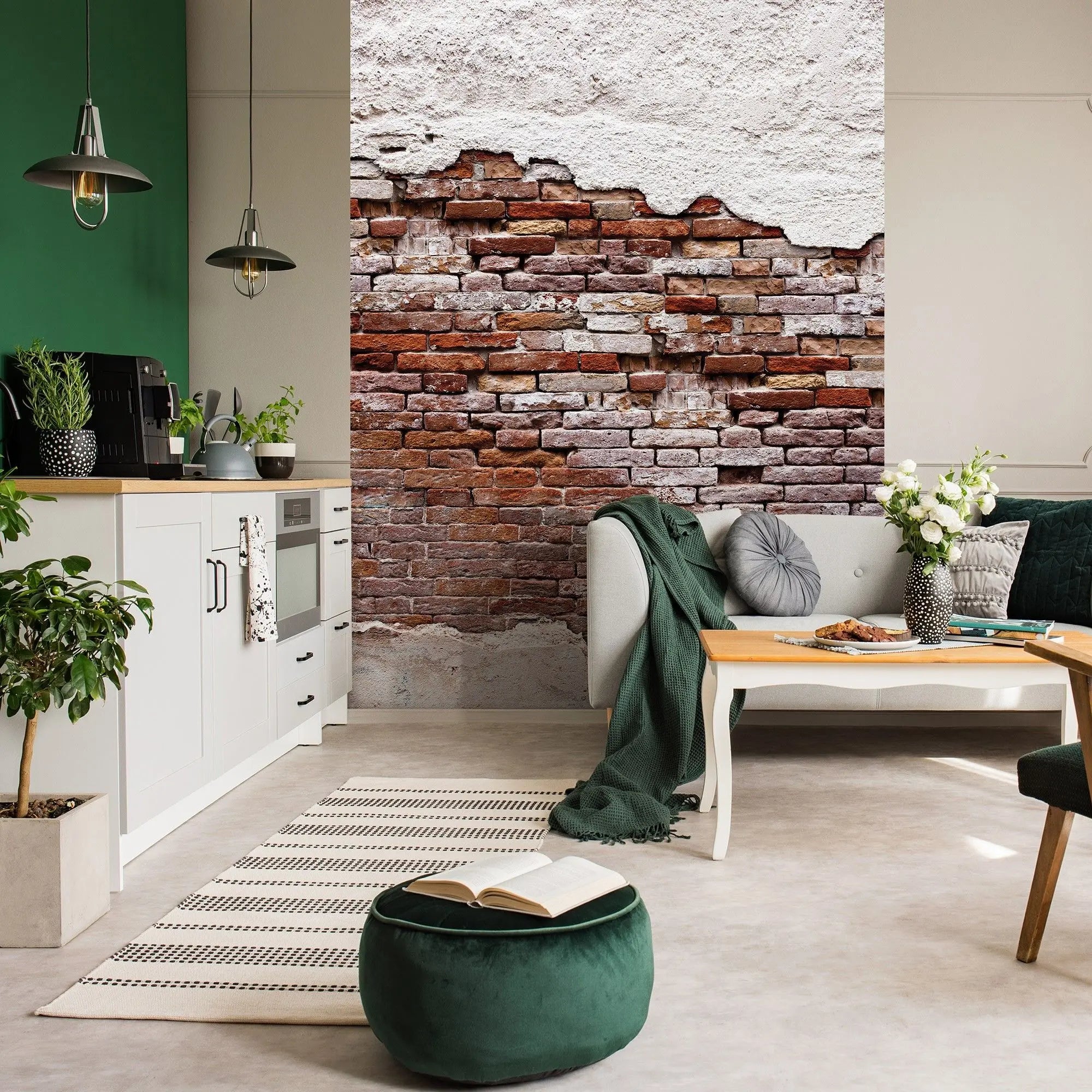 Billede 17 af Fototapet - Rød murstensmur med afskallet hvid puds