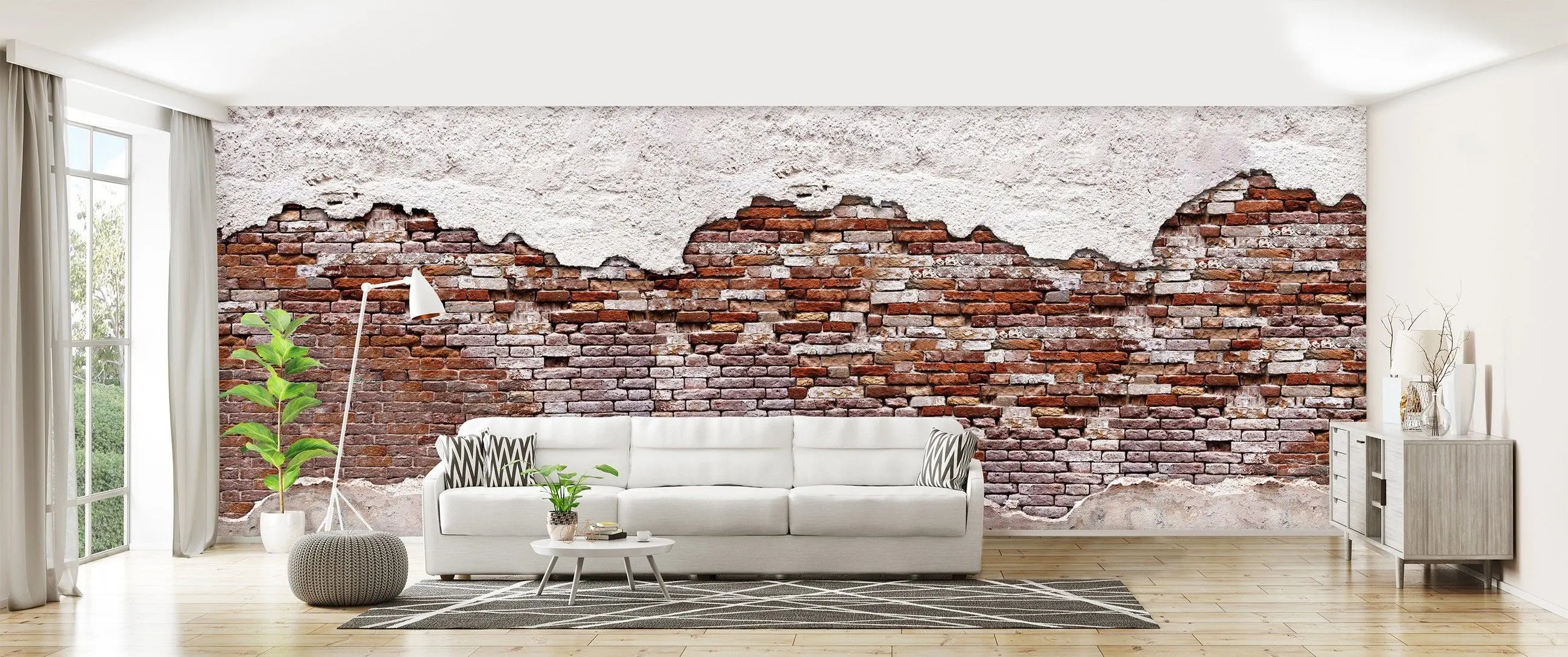 Billede 23 af Fototapet - Rød murstensmur med afskallet hvid puds