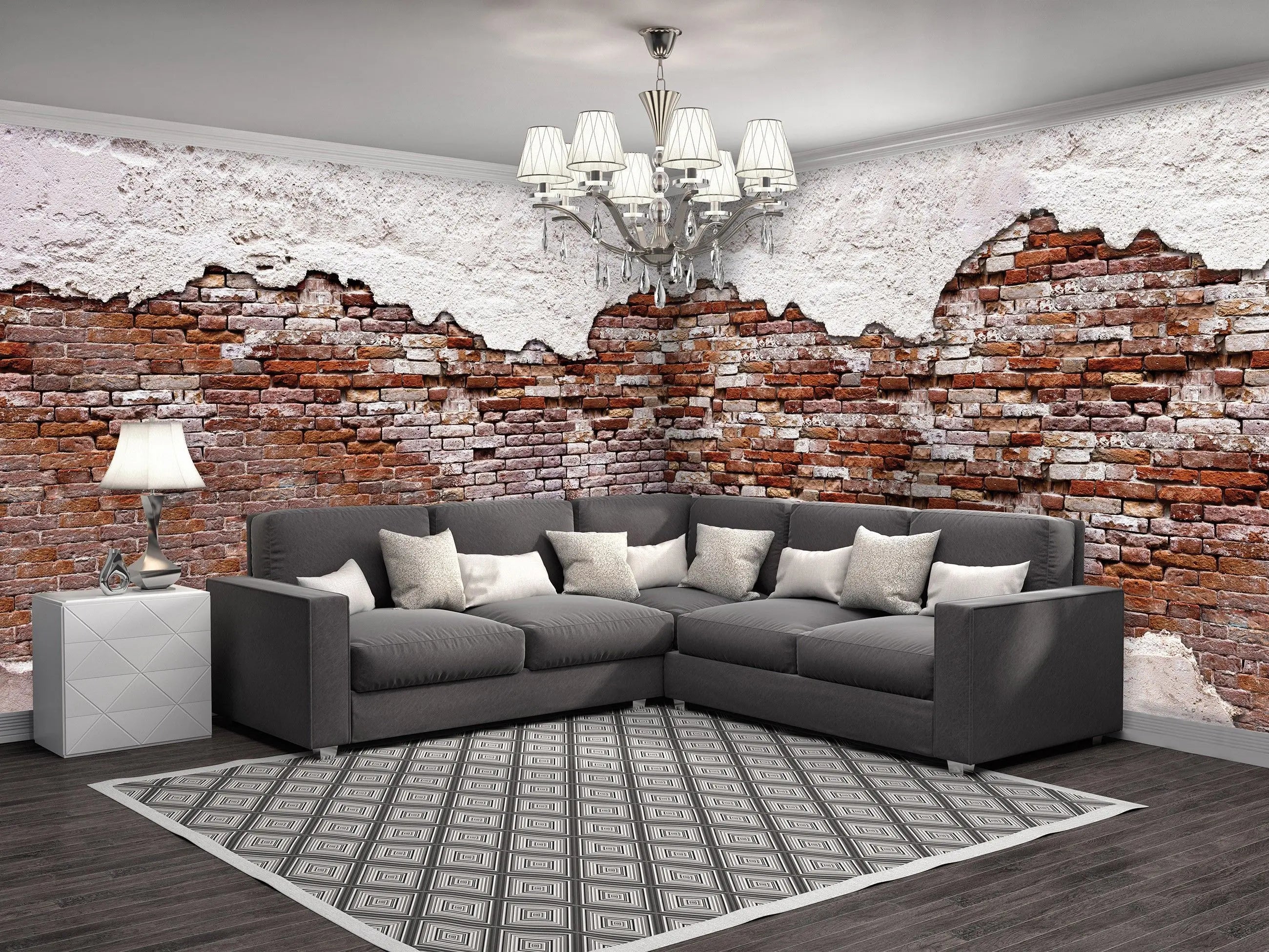 Billede 24 af Fototapet - Rød murstensmur med afskallet hvid puds