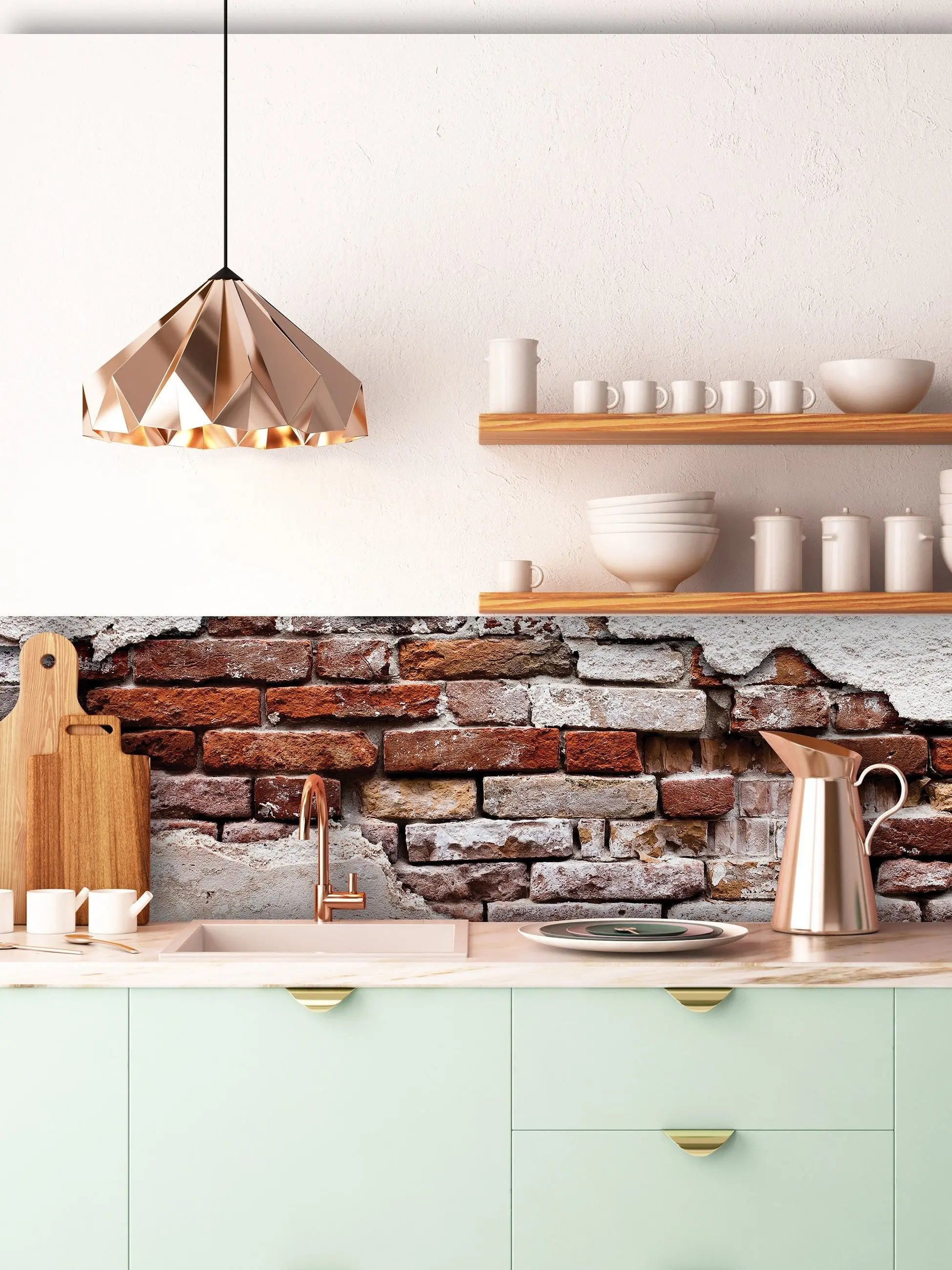 Billede 26 af Fototapet - Rød murstensmur med afskallet hvid puds