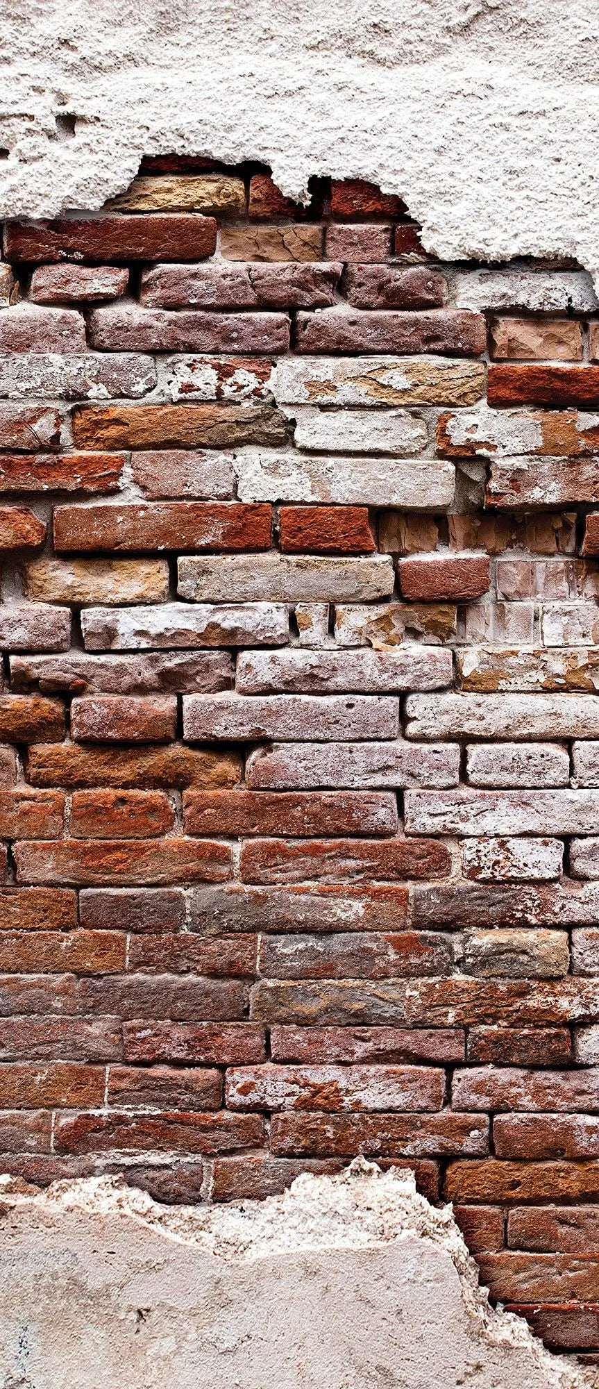 Billede 28 af Fototapet - Rød murstensmur med afskallet hvid puds