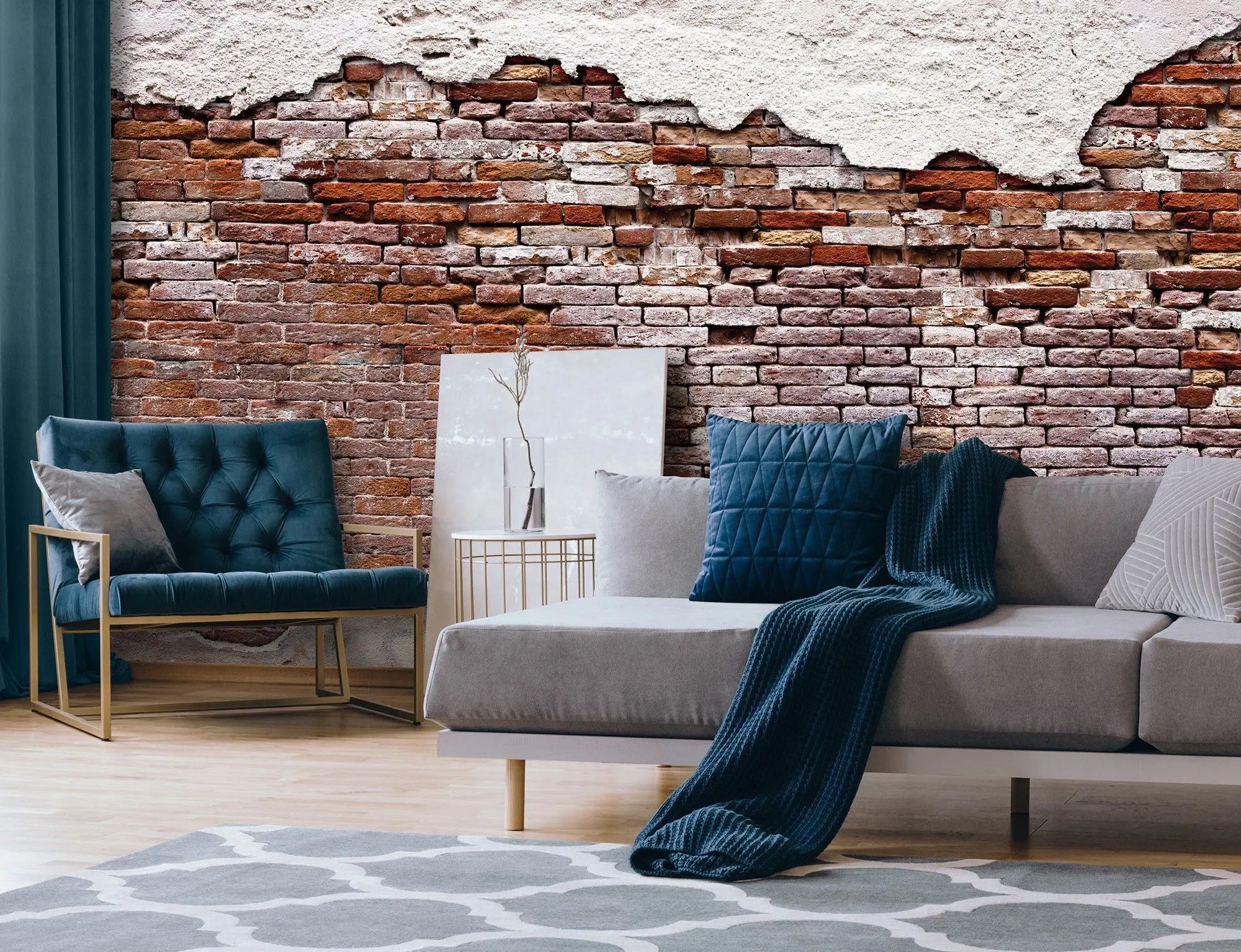 Billede 4 af Fototapet - Rød murstensmur med afskallet hvid puds